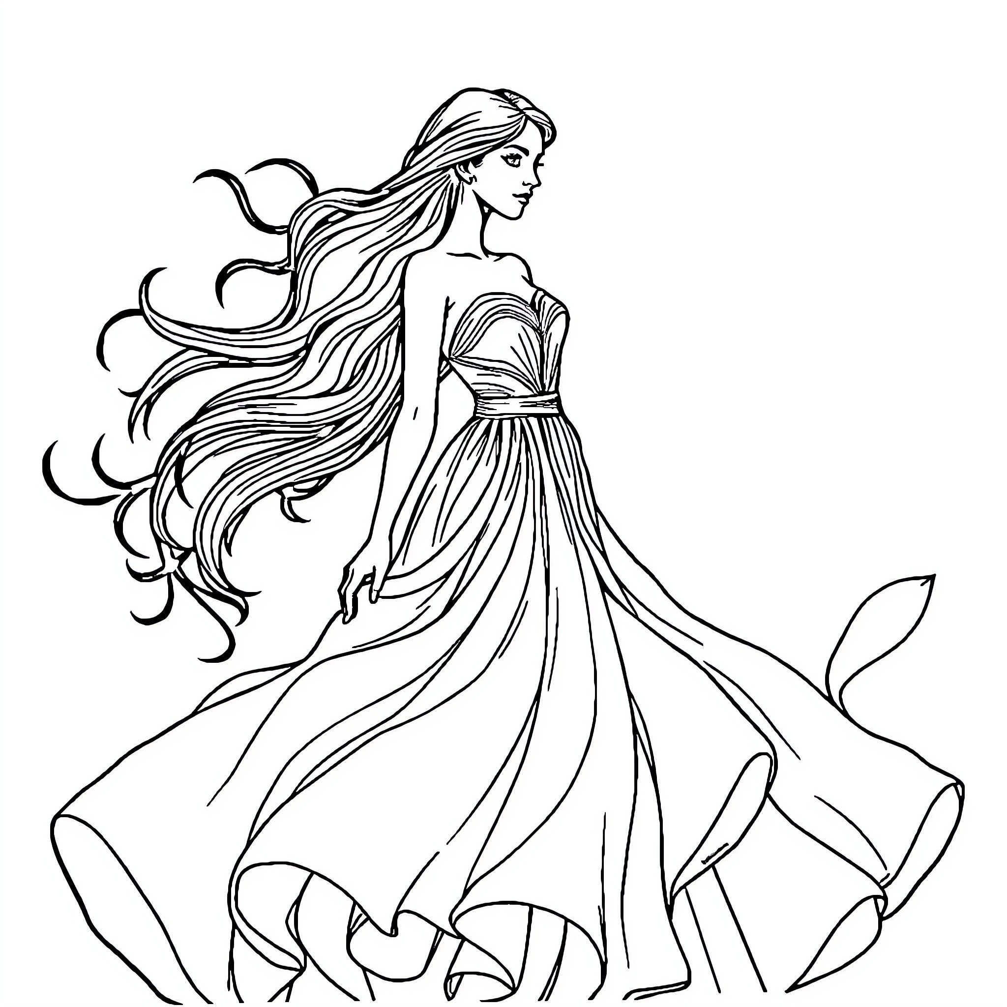 Woman in flowing dress with luscious long hair Coloring Page (free black-and-white line drawing printable PDF for all, from beginners to advanced learners, including children, teens, adults, and seniors)