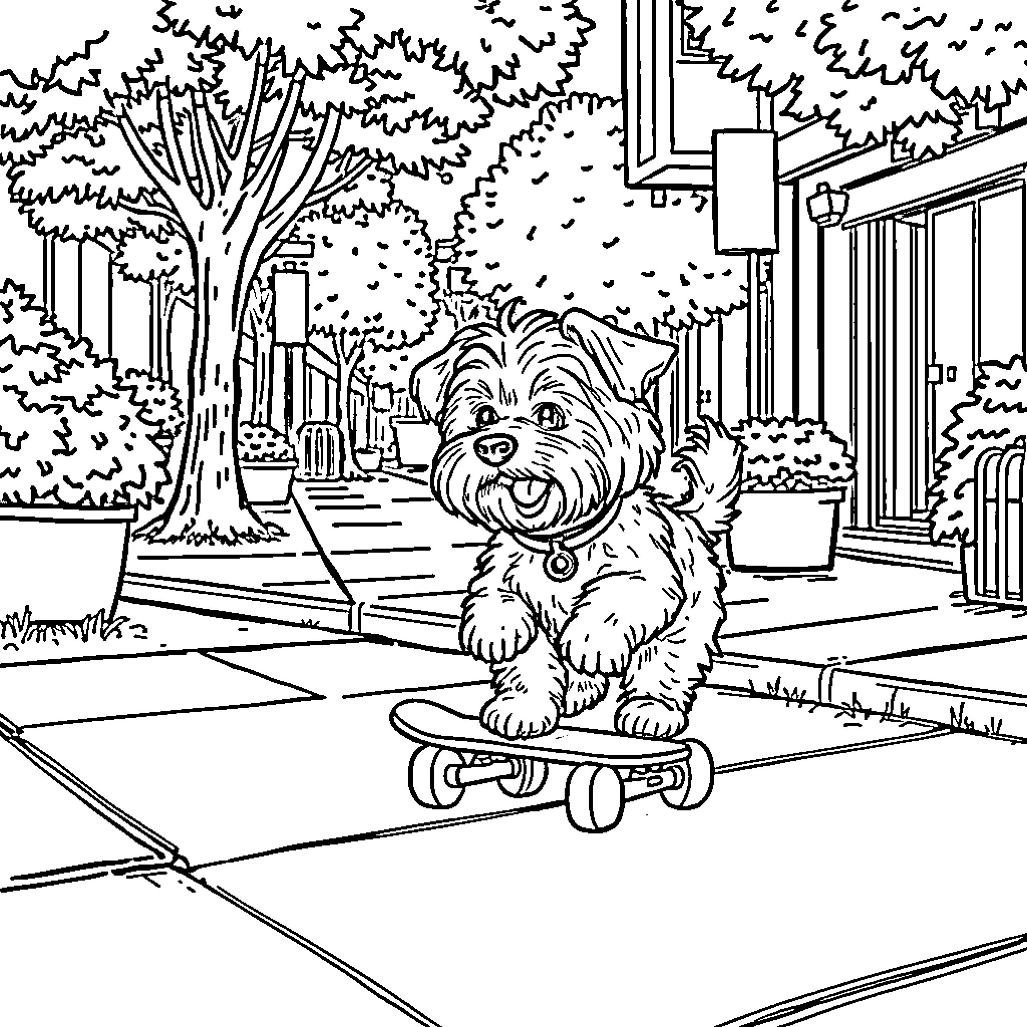 Maltese dog riding a skateboard in the park Coloring Page (free black-and-white line drawing printable PDF for all, from beginners to advanced learners, including children, teens, adults, and seniors)