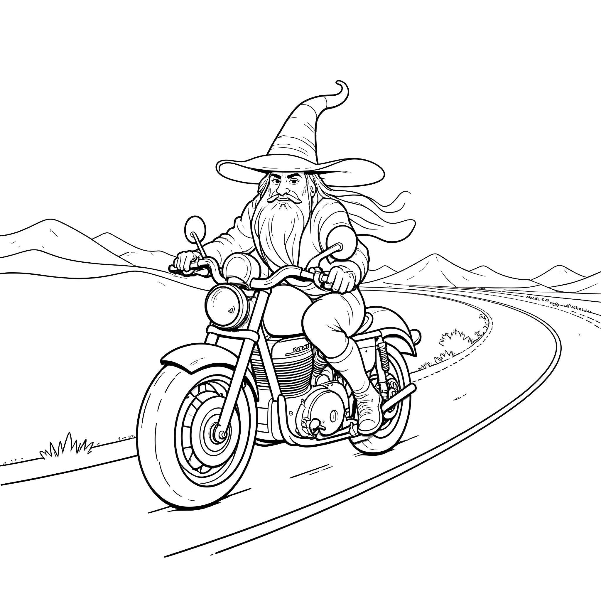Gandalf riding a motorcycle through a scenic landscape Coloring Page (free black-and-white line drawing printable PDF for all, from beginners to advanced learners, including children, teens, adults, and seniors)