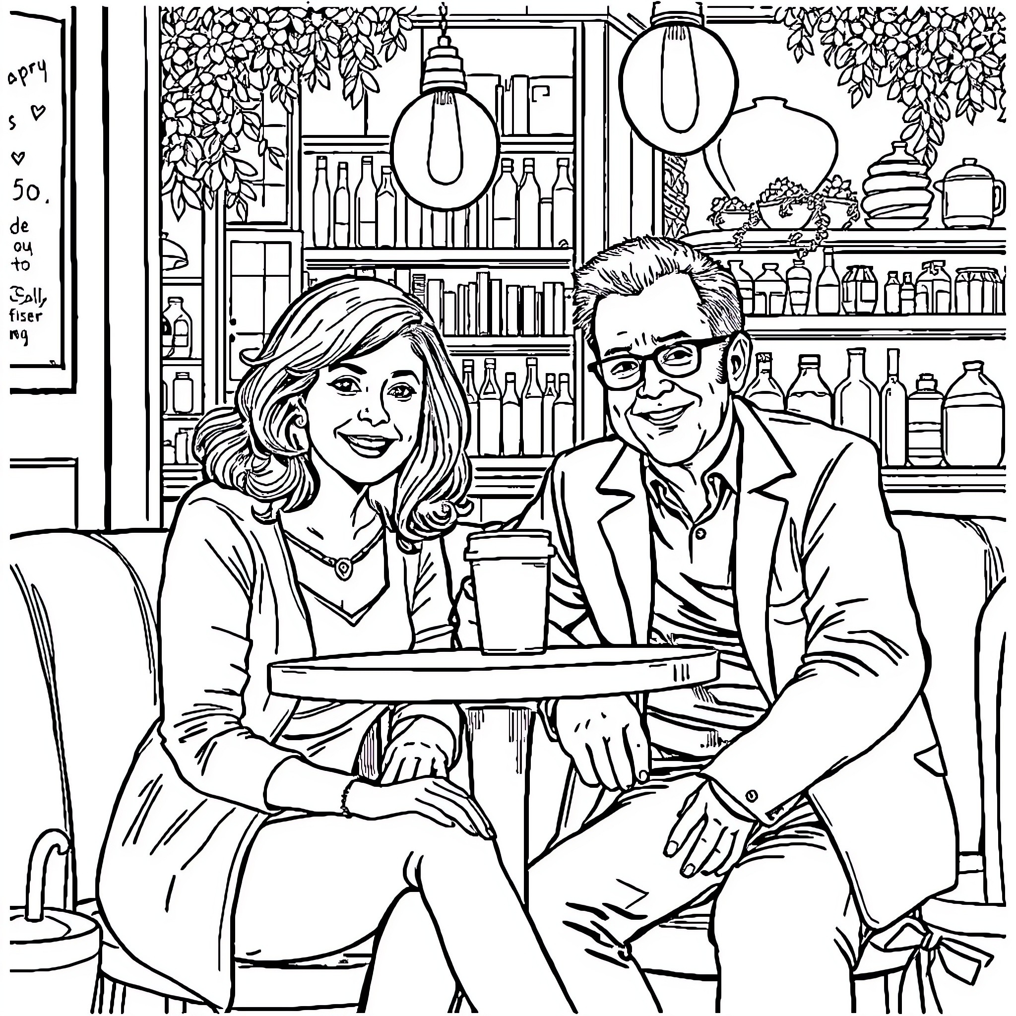 Sally Enjoying Coffee with Friend in Cozy Cafe Coloring Page (free black-and-white line drawing printable PDF for all, from beginners to advanced learners, including children, teens, adults, and seniors)