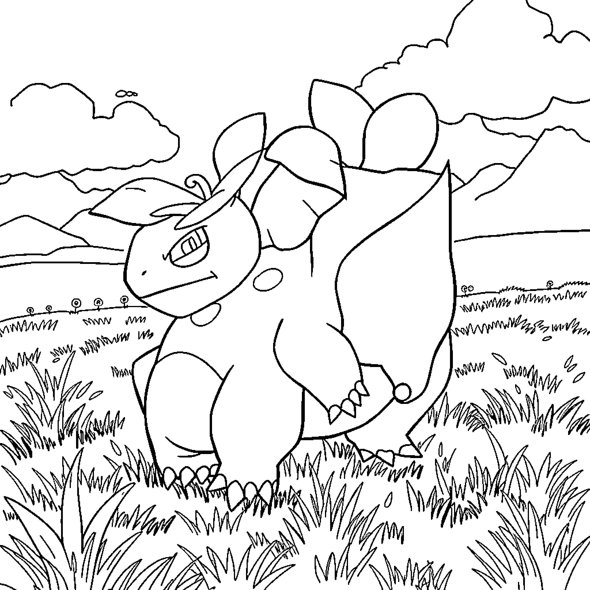 Venusaur enjoying the outdoors in a natural setting Coloring Page (free black-and-white line drawing printable PDF for all, from beginners to advanced learners, including children, teens, adults, and seniors)
