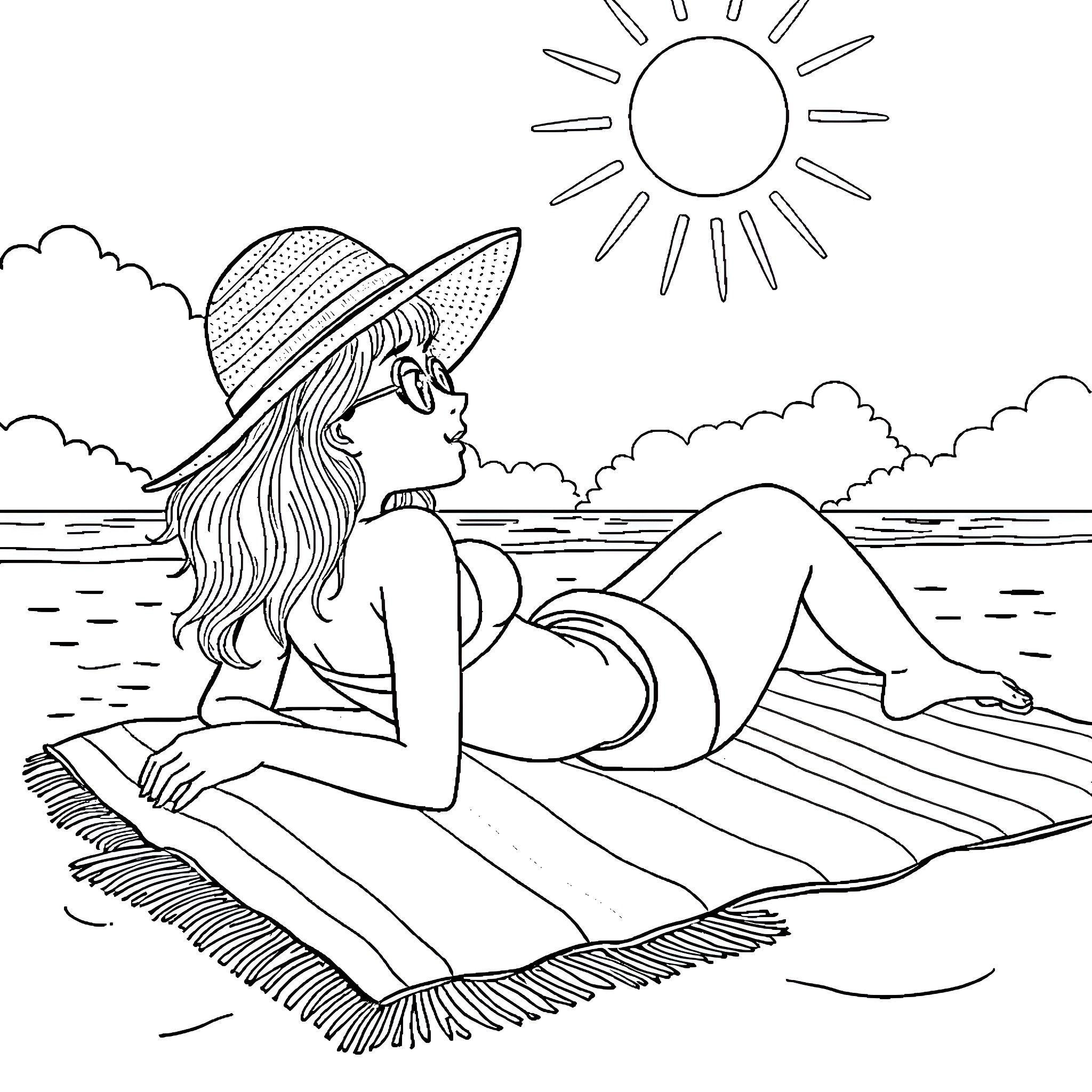 Girl relaxing on the beach under the sun Coloring Page (free black-and-white line drawing printable PDF for all, from beginners to advanced learners, including children, teens, adults, and seniors)