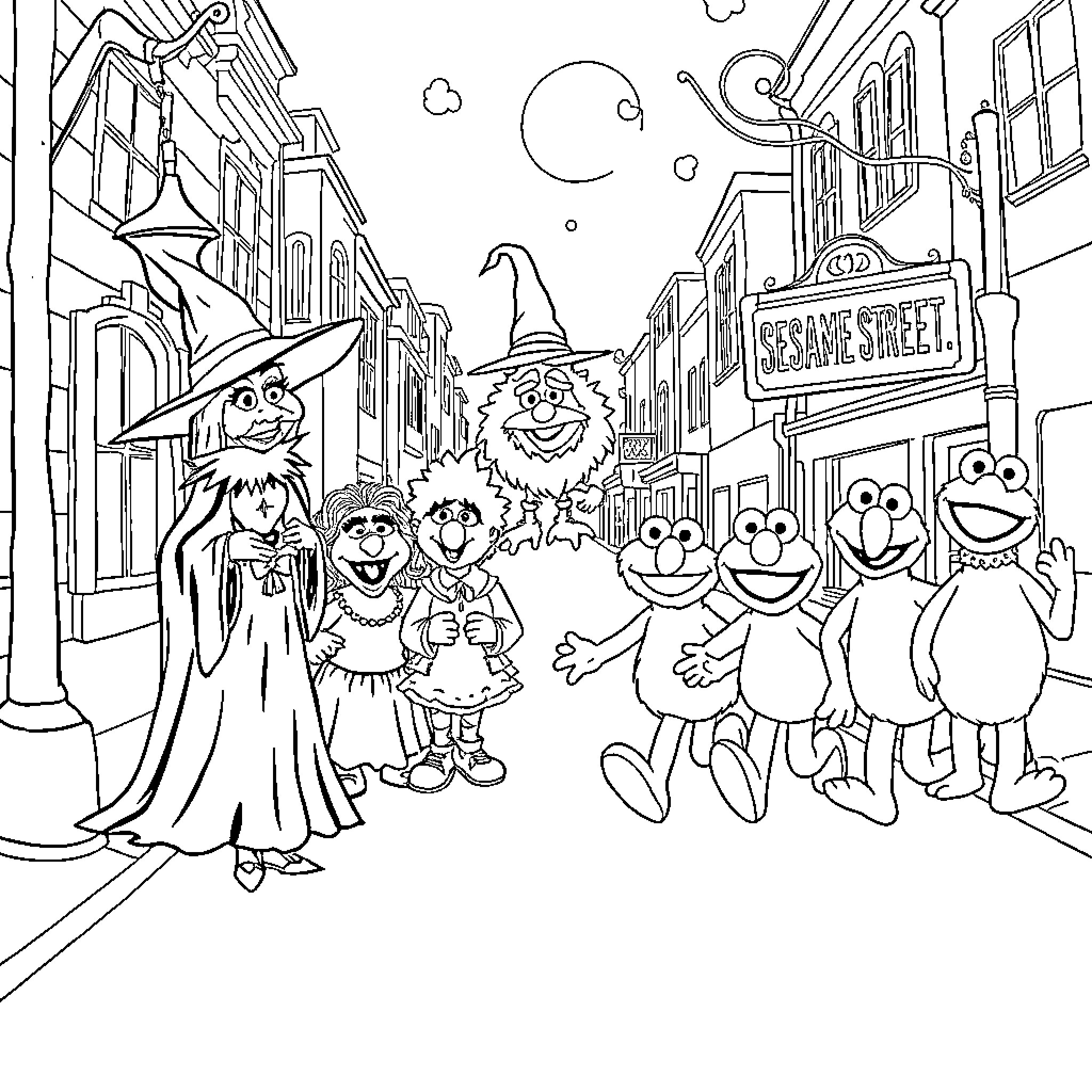 Witch and Friends Explore Sesame Street Coloring Page (free black-and-white line drawing printable PDF for all, from beginners to advanced learners, including children, teens, adults, and seniors)