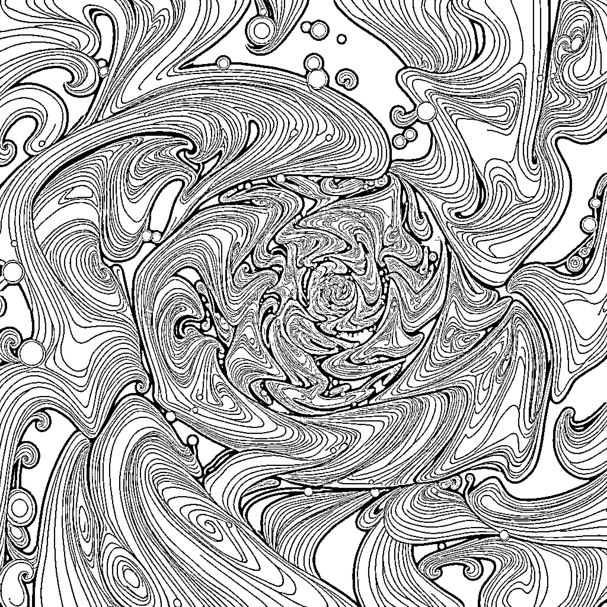 Fractal Whirlpool of Abstract Shapes Coloring Page (free black-and-white line drawing printable PDF for all, from beginners to advanced learners, including children, teens, adults, and seniors)