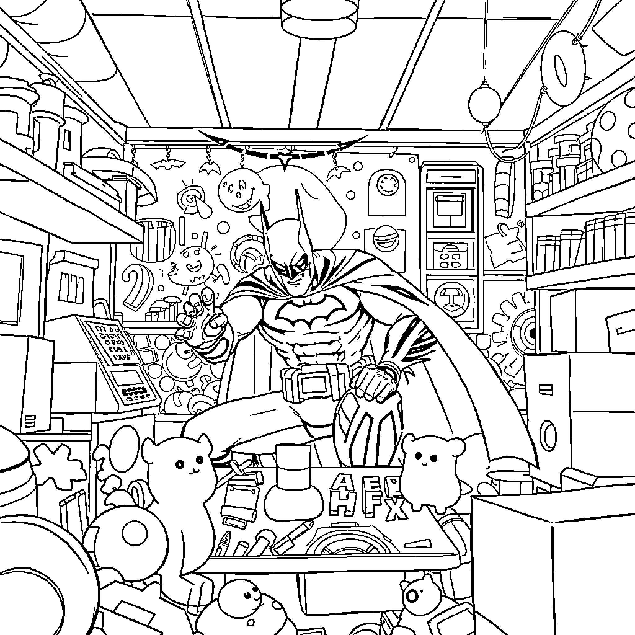 Batman investigating a cluttered and chaotic scene Coloring Page (free black-and-white line drawing printable PDF for all, from beginners to advanced learners, including children, teens, adults, and seniors)