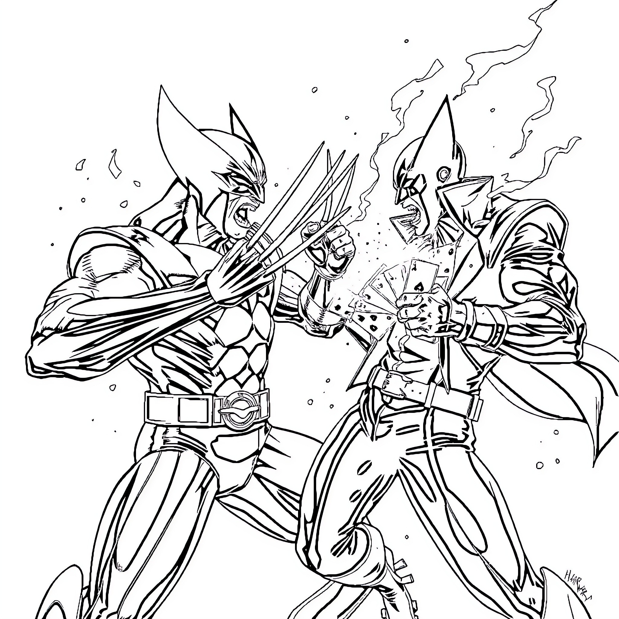 Wolverine engaging in an intense battle Coloring Page (free black-and-white line drawing printable PDF for all, from beginners to advanced learners, including children, teens, adults, and seniors)