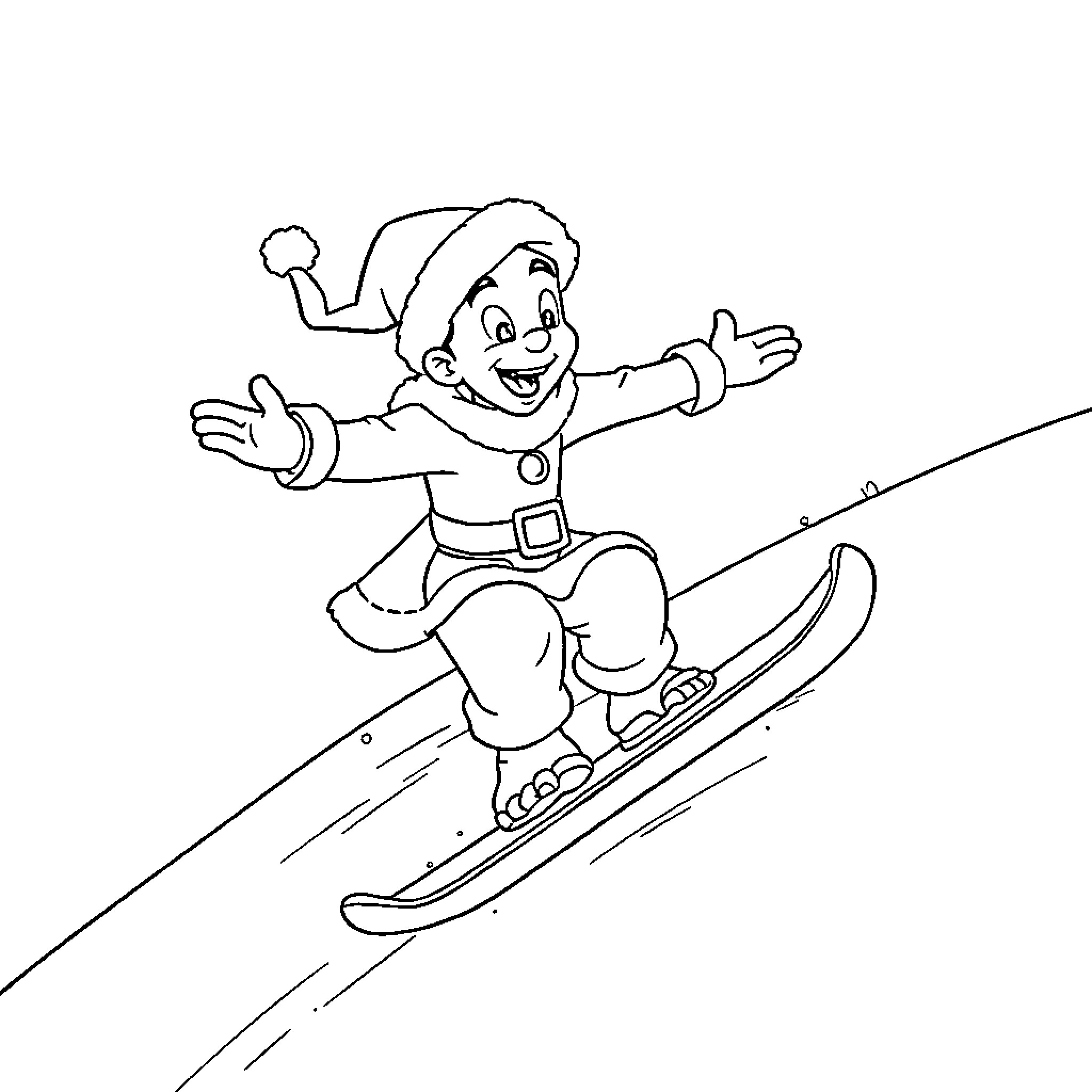 Aladdin snowboarding down the slopes Coloring Page (free black-and-white line drawing printable PDF for all, from beginners to advanced learners, including children, teens, adults, and seniors)