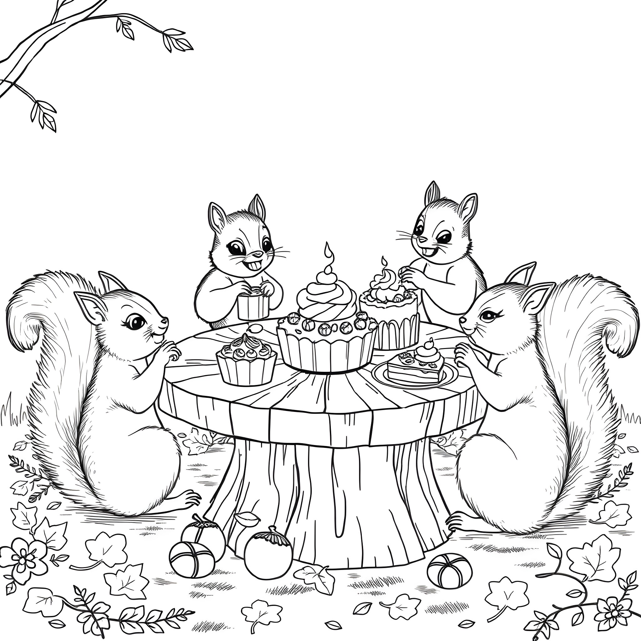 Squirrels enjoying a teatime picnic with cupcakes Coloring Page (free black-and-white line drawing printable PDF for all, from beginners to advanced learners, including children, teens, adults, and seniors)