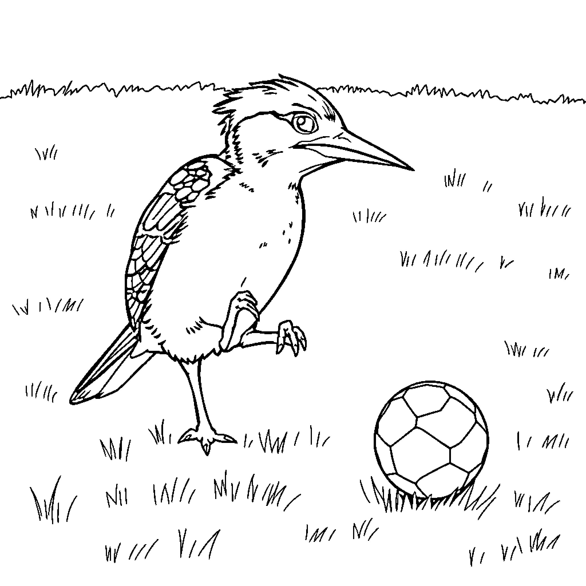 Woodpecker playing with a soccer ball in the grass Coloring Page (free black-and-white line drawing printable PDF for all, from beginners to advanced learners, including children, teens, adults, and seniors)
