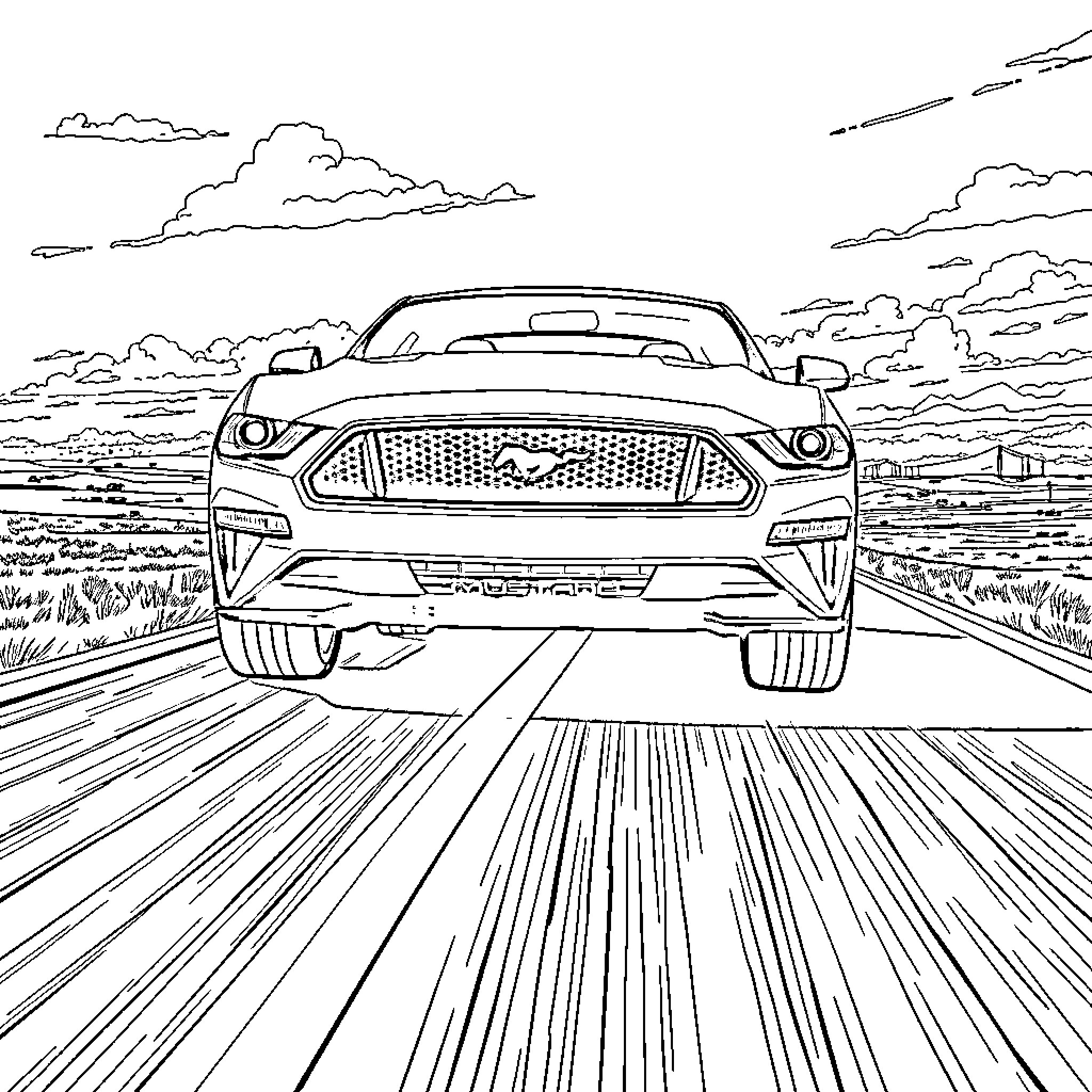 Mustang speeding down the open road Coloring Page (free black-and-white line drawing printable PDF for all, from beginners to advanced learners, including children, teens, adults, and seniors)
