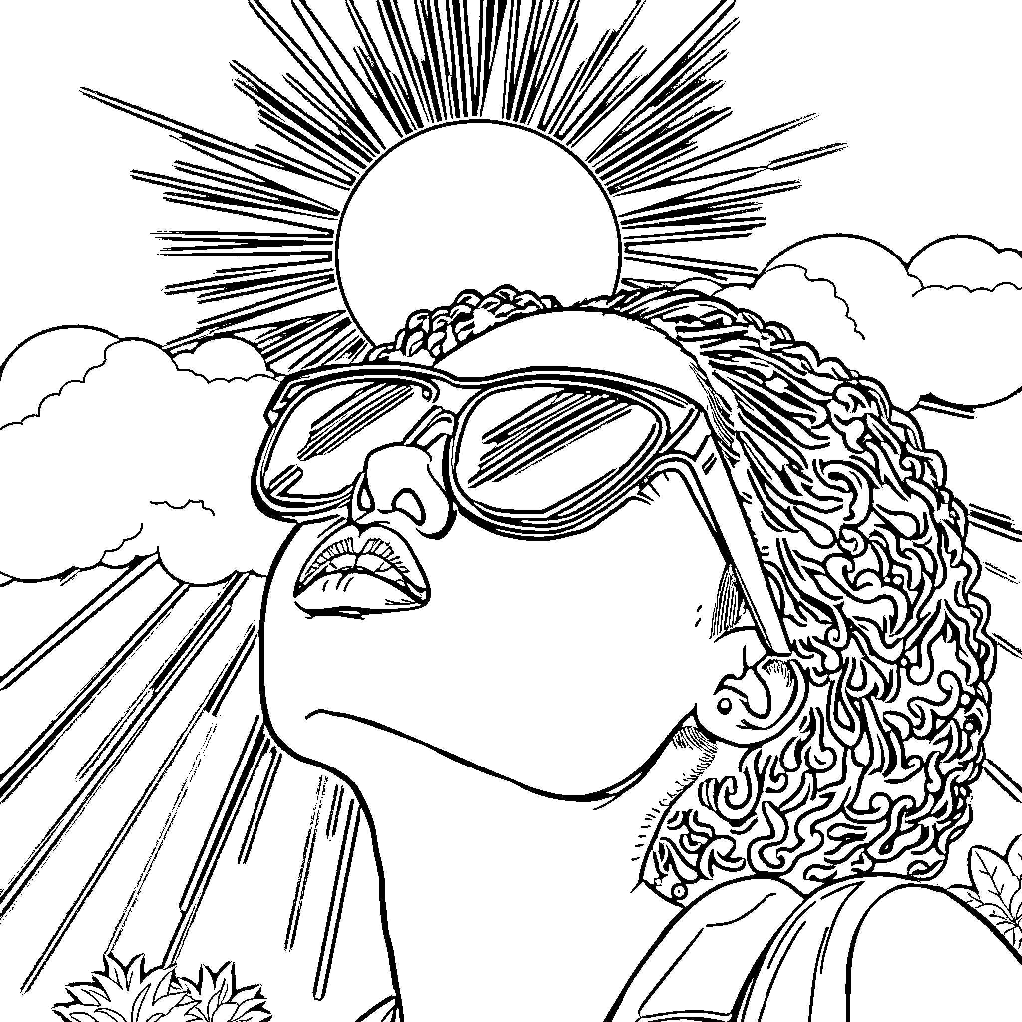 Girl in sunglasses enjoying sunny day Coloring Page (free black-and-white line drawing printable PDF for all, from beginners to advanced learners, including children, teens, adults, and seniors)