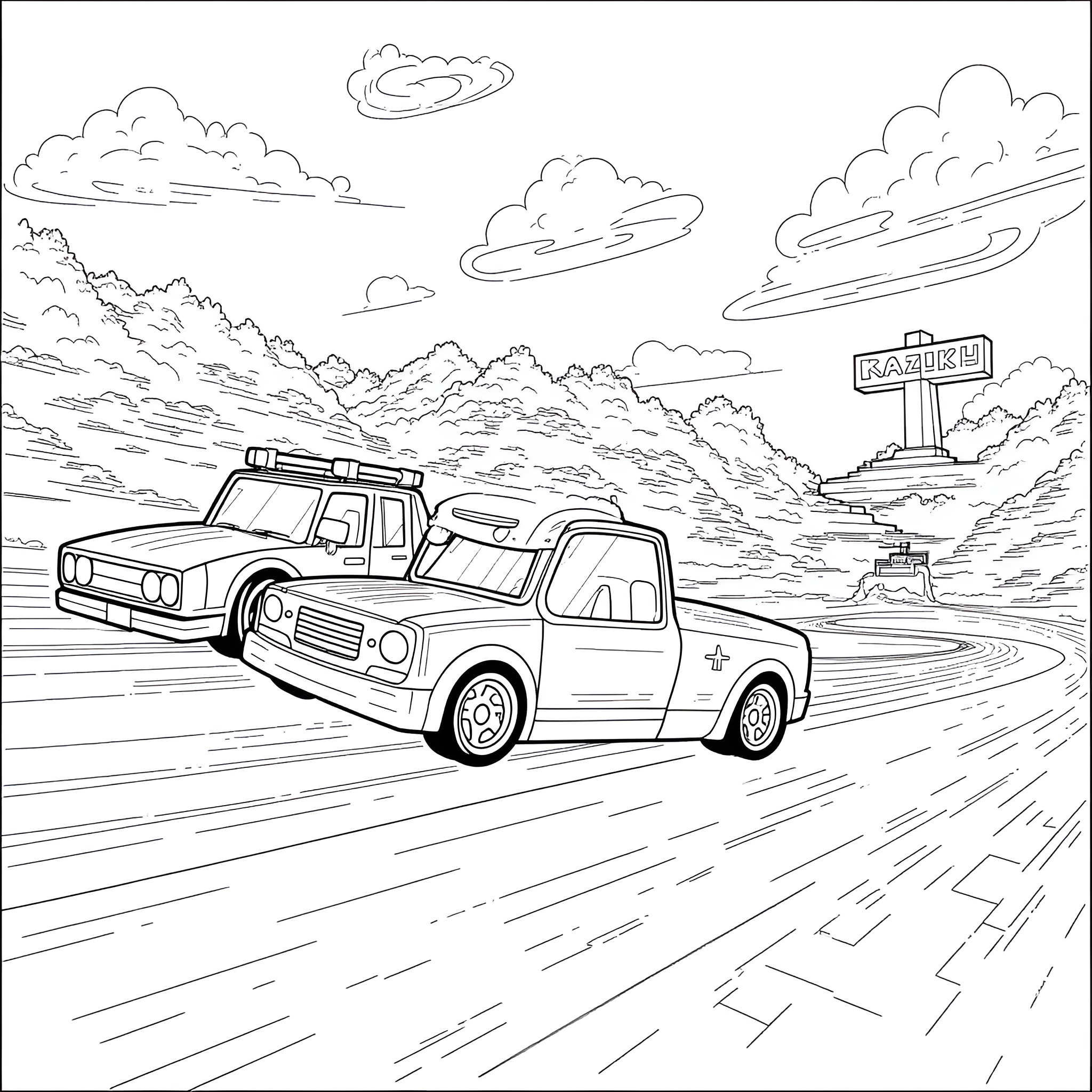 Hotwheels truck driving on a winding mountain road Coloring Page (free black-and-white line drawing printable PDF for all, from beginners to advanced learners, including children, teens, adults, and seniors)