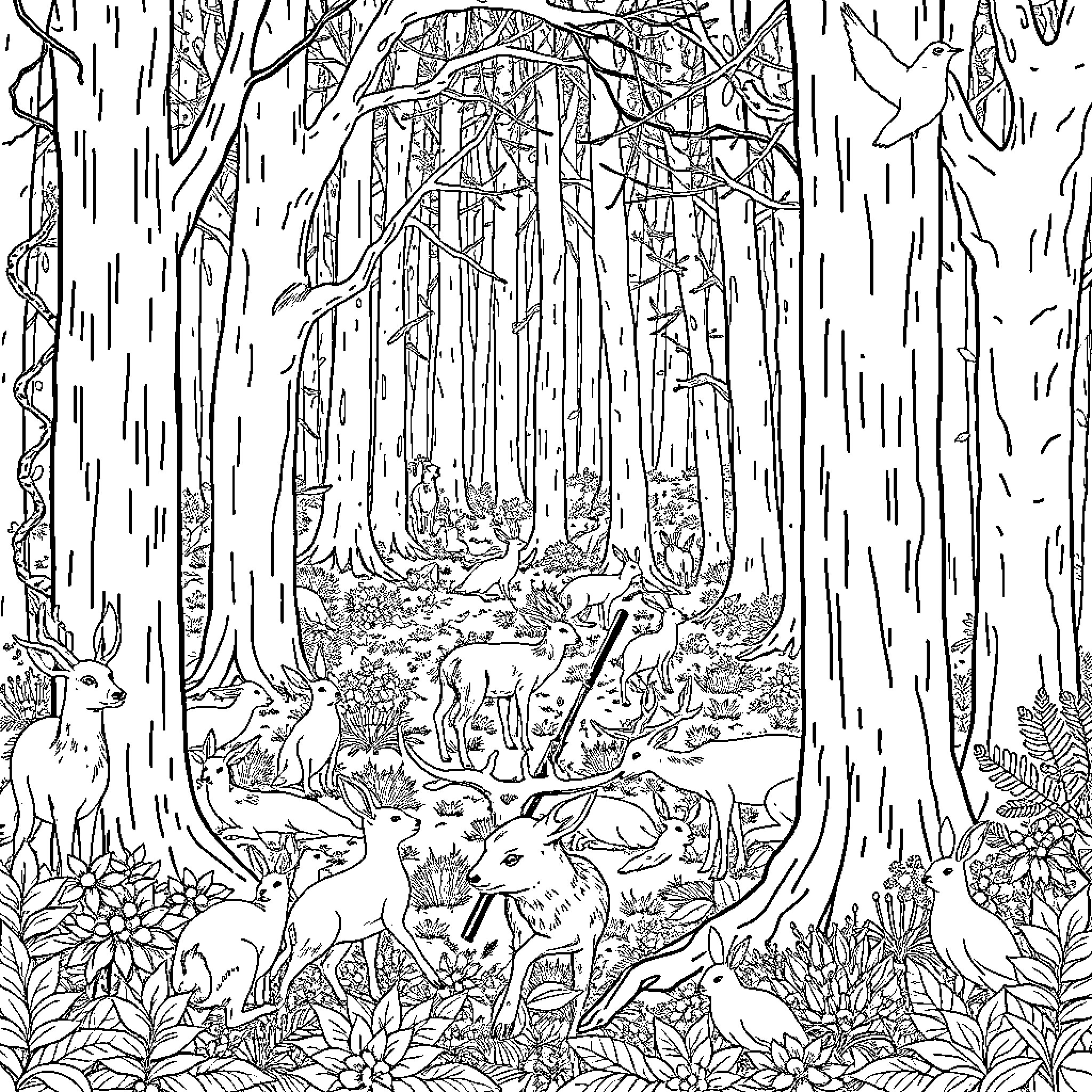 Forest wildlife sanctuary with various animals Coloring Page (free black-and-white line drawing printable PDF for all, from beginners to advanced learners, including children, teens, adults, and seniors)