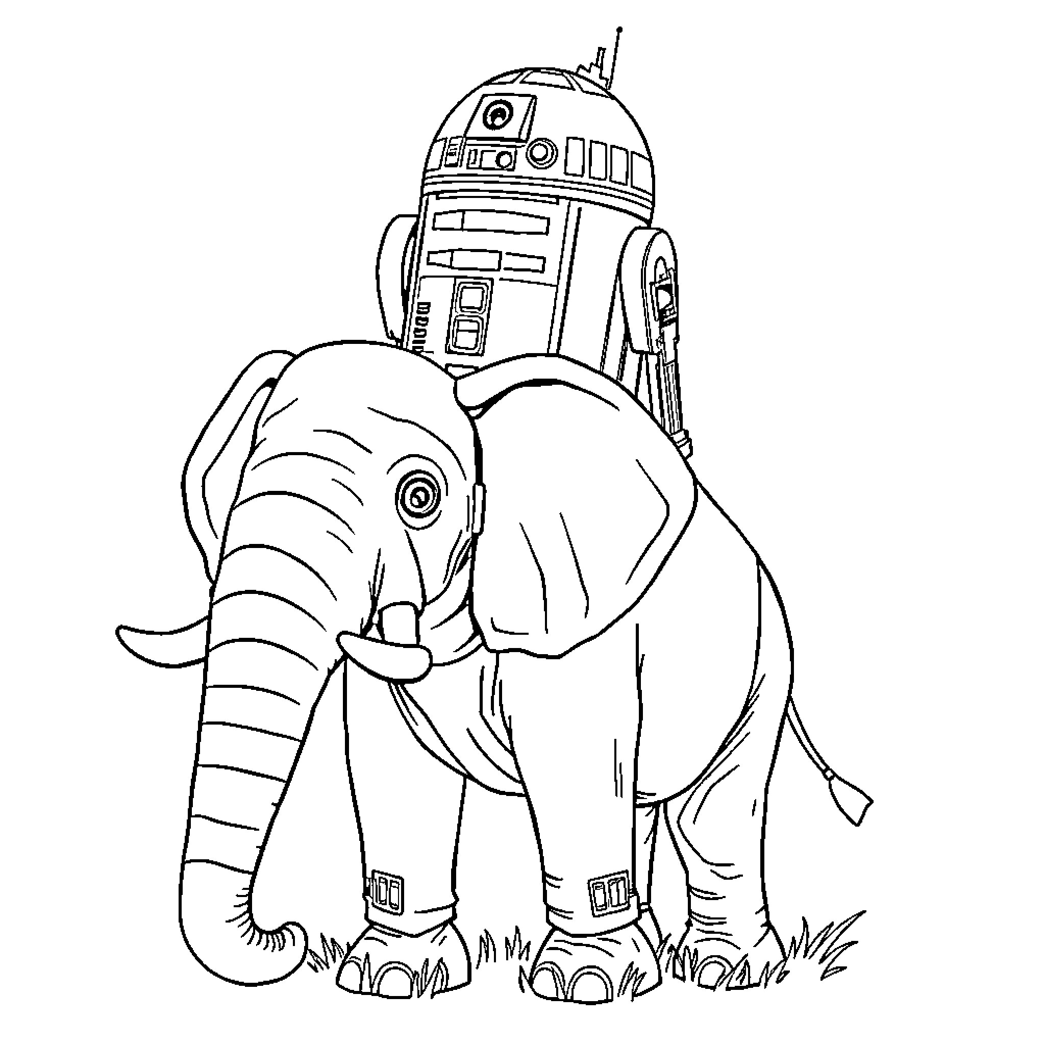 R2D2 assisting an elephant in a lush field Coloring Page (free black-and-white line drawing printable PDF for all, from beginners to advanced learners, including children, teens, adults, and seniors)