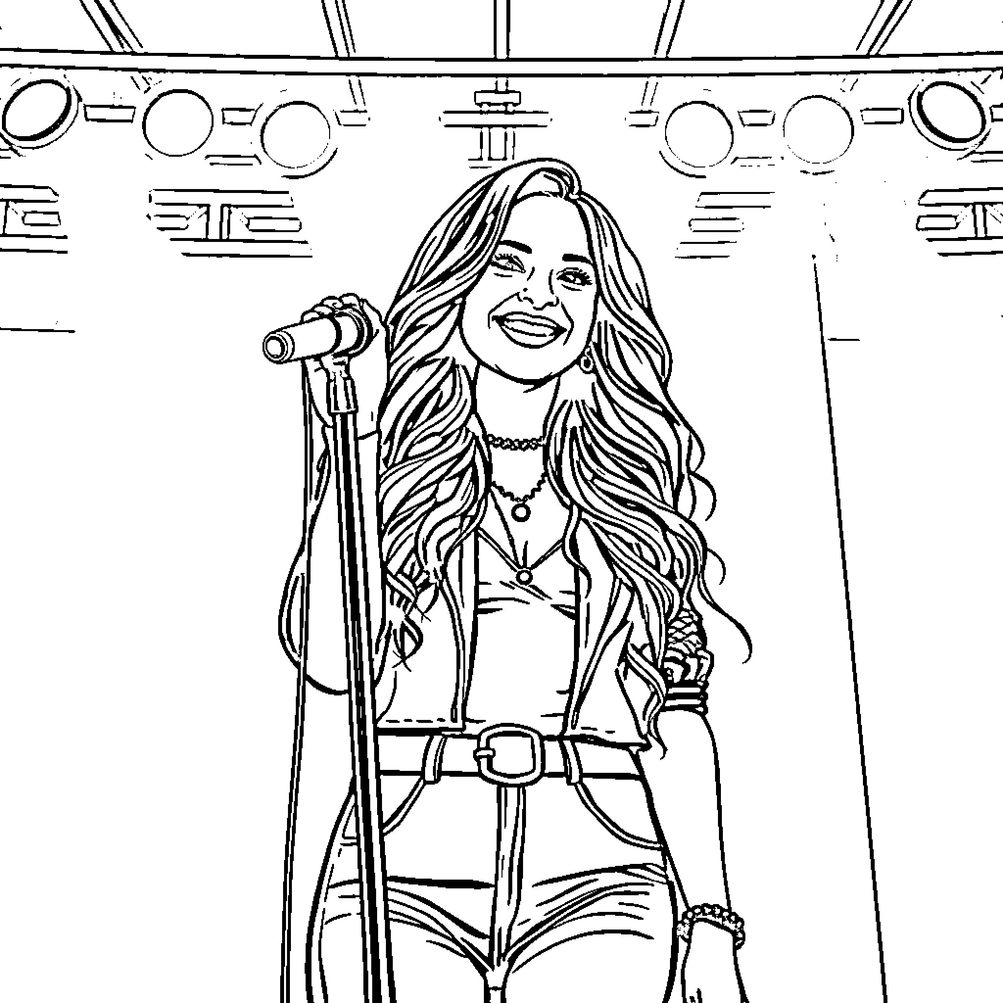 Camila Cabello performing on stage with microphone Coloring Page (free black-and-white line drawing printable PDF for all, from beginners to advanced learners, including children, teens, adults, and seniors)