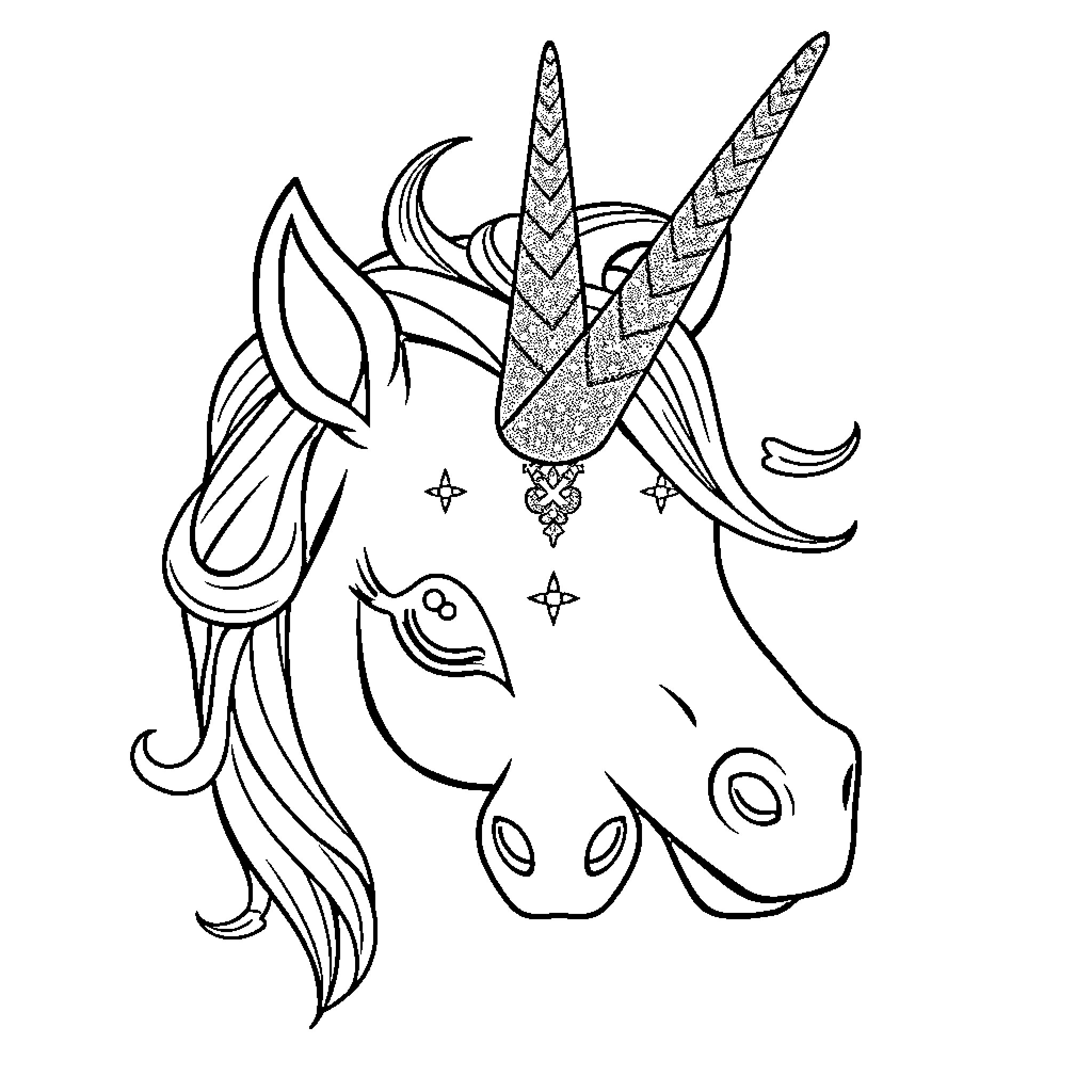 Unicorn with intricate horns and magical symbols Coloring Page (free black-and-white line drawing printable PDF for all, from beginners to advanced learners, including children, teens, adults, and seniors)