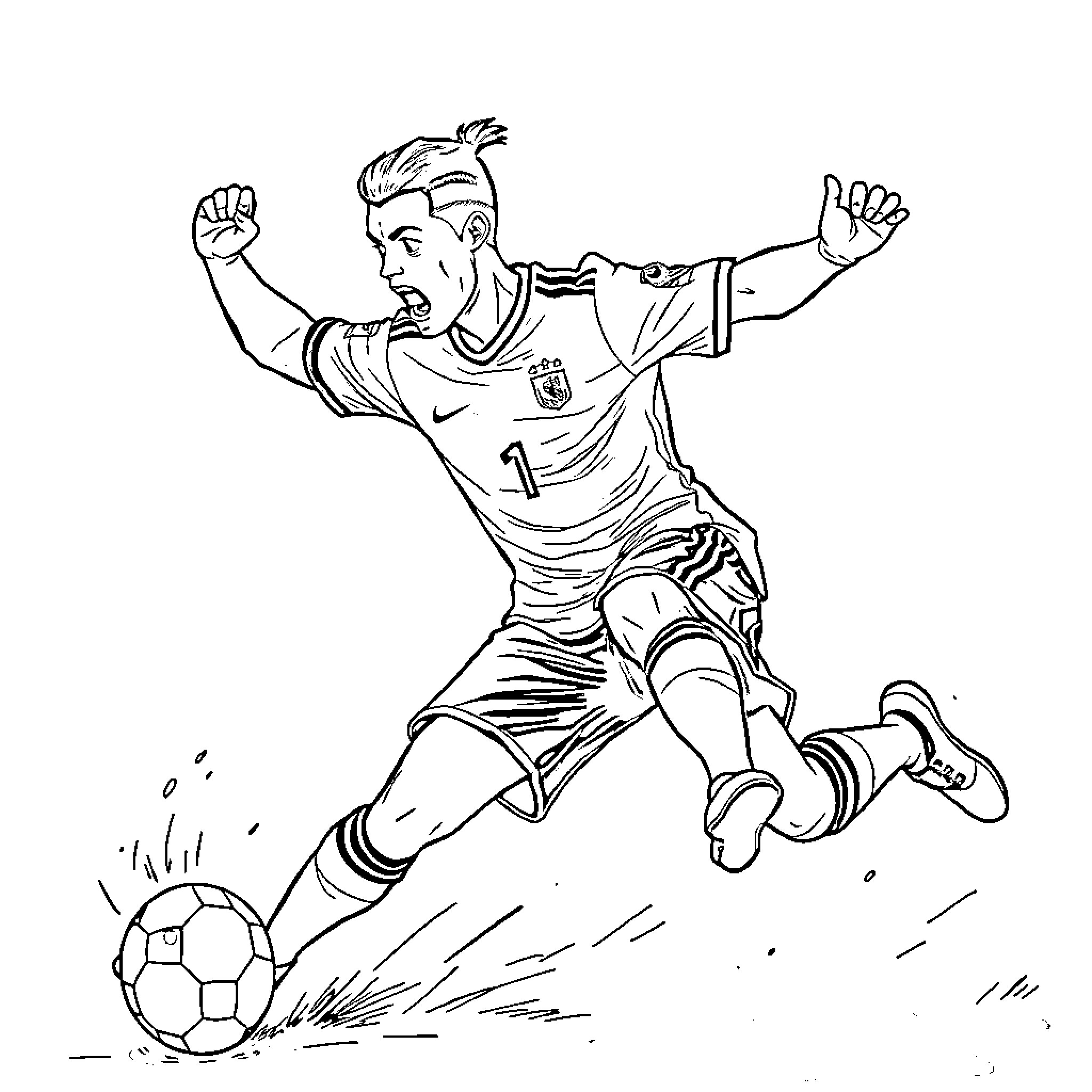 Ronaldo scoring a goal with celebration Coloring Page (free black-and-white line drawing printable PDF for all, from beginners to advanced learners, including children, teens, adults, and seniors)