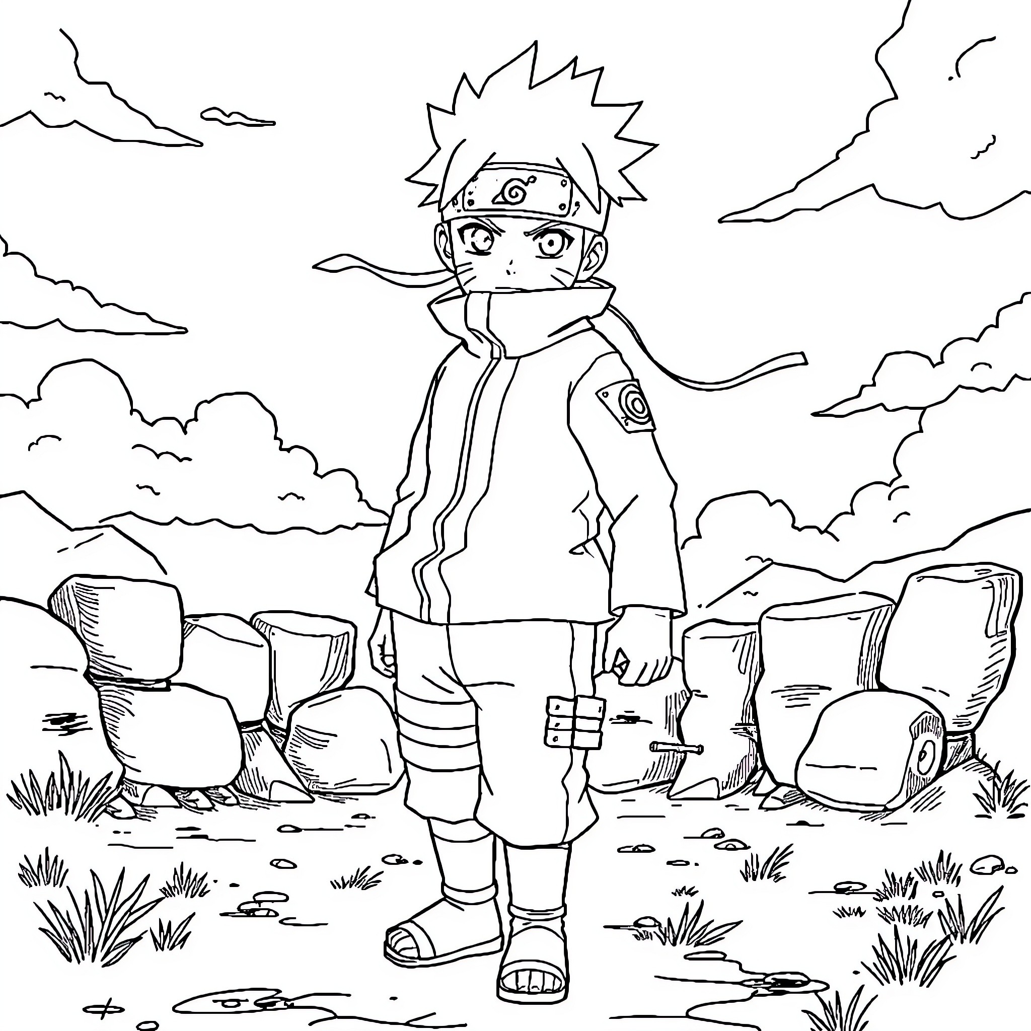 Naruto Ninja in Fierce Stance Surrounded by Nature Coloring Page (free black-and-white line drawing printable PDF for all, from beginners to advanced learners, including children, teens, adults, and seniors)