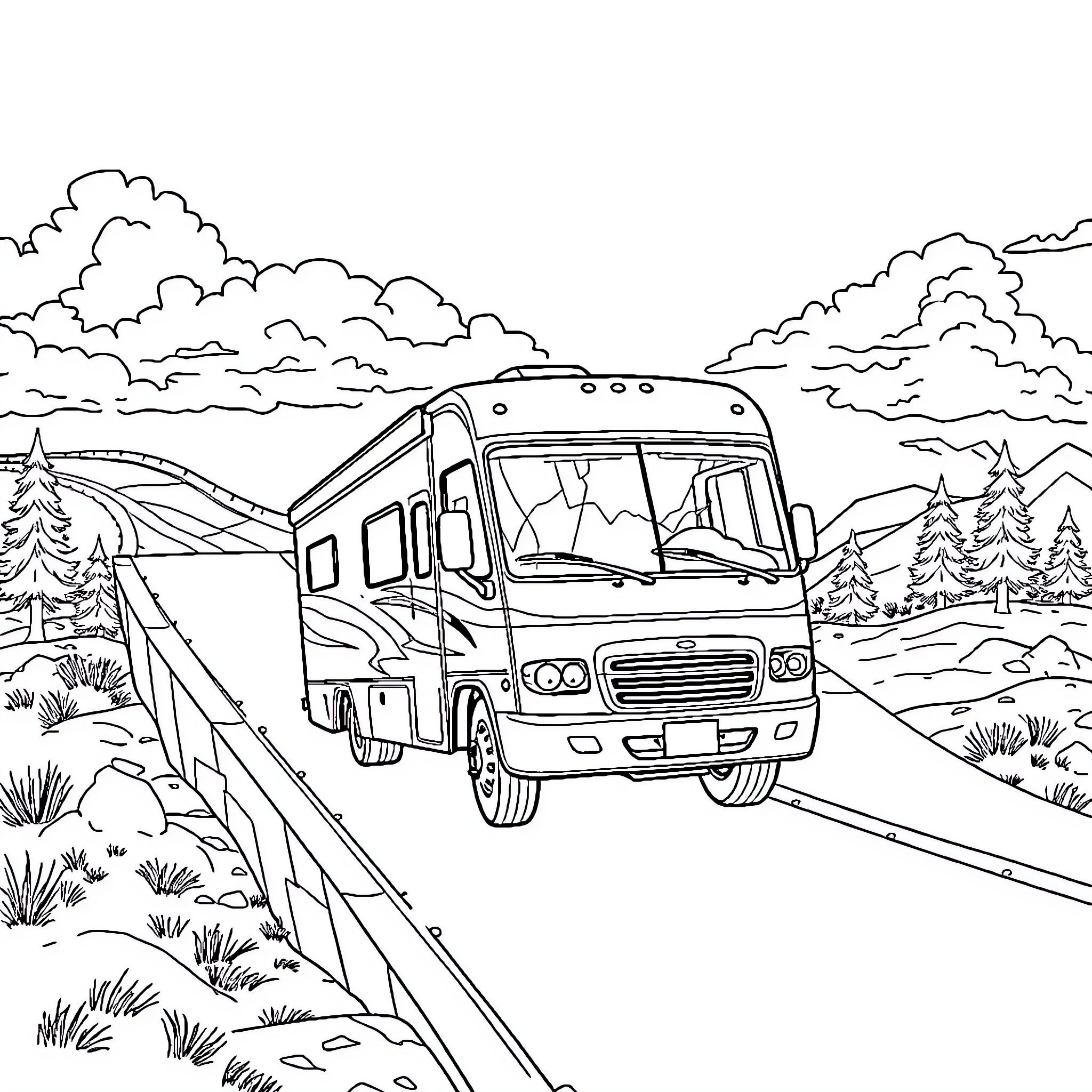 RV Traveling Through Scenic Countryside Coloring Page (free black-and-white line drawing printable PDF for all, from beginners to advanced learners, including children, teens, adults, and seniors)