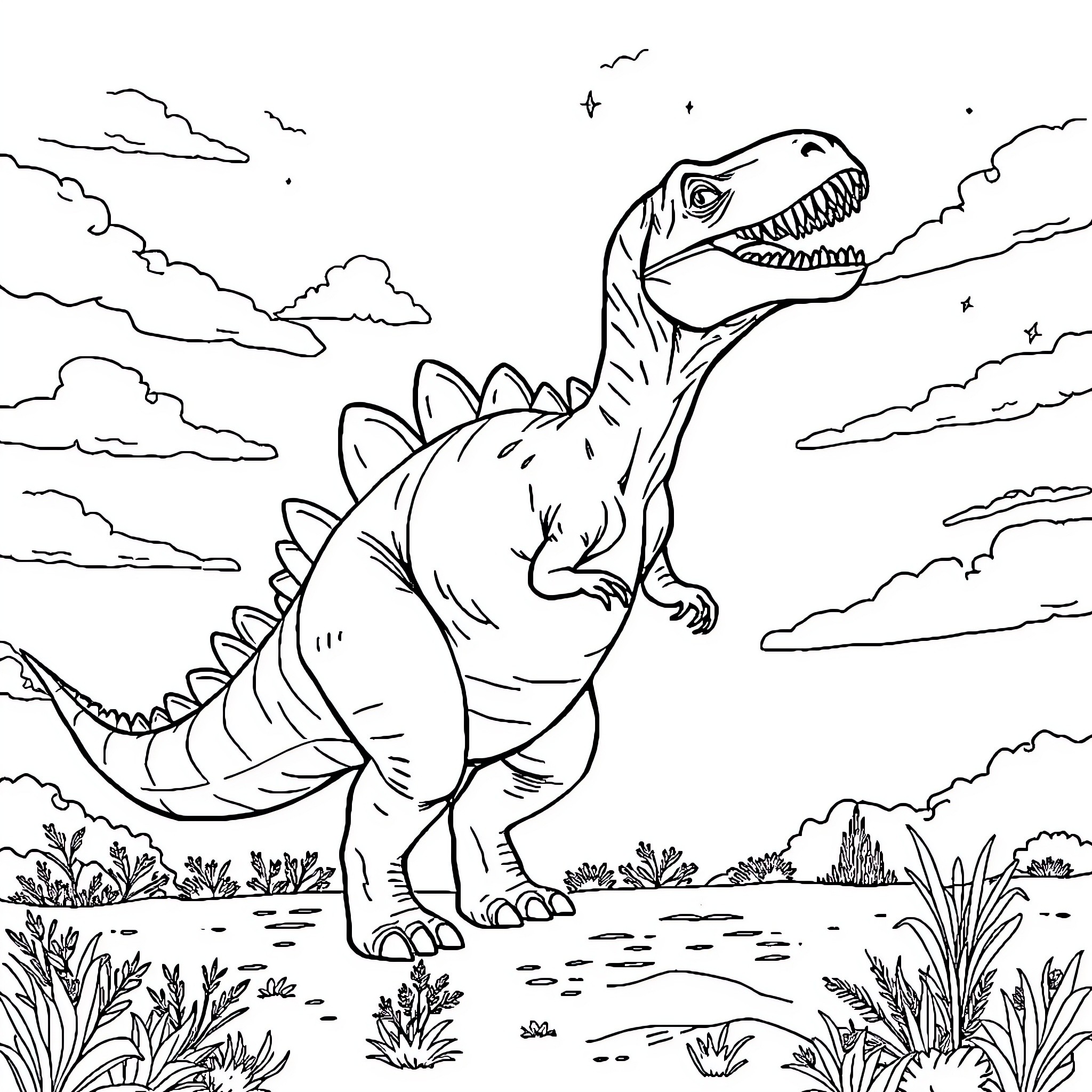 Dinosaur roaring fiercely in a prehistoric landscape Coloring Page (free black-and-white line drawing printable PDF for all, from beginners to advanced learners, including children, teens, adults, and seniors)