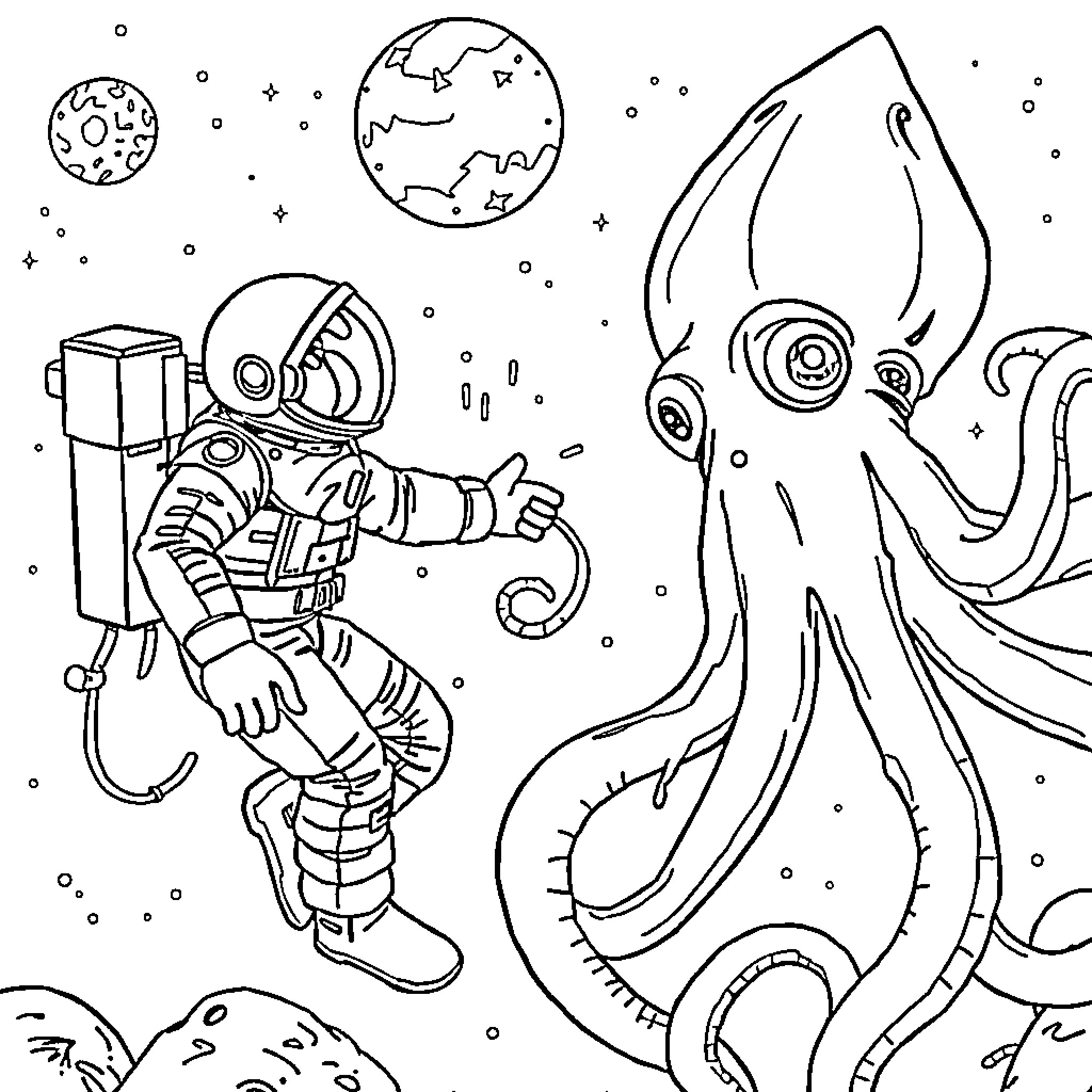 Astronaut exploring space encounter with giant squid Coloring Page (free black-and-white line drawing printable PDF for all, from beginners to advanced learners, including children, teens, adults, and seniors)