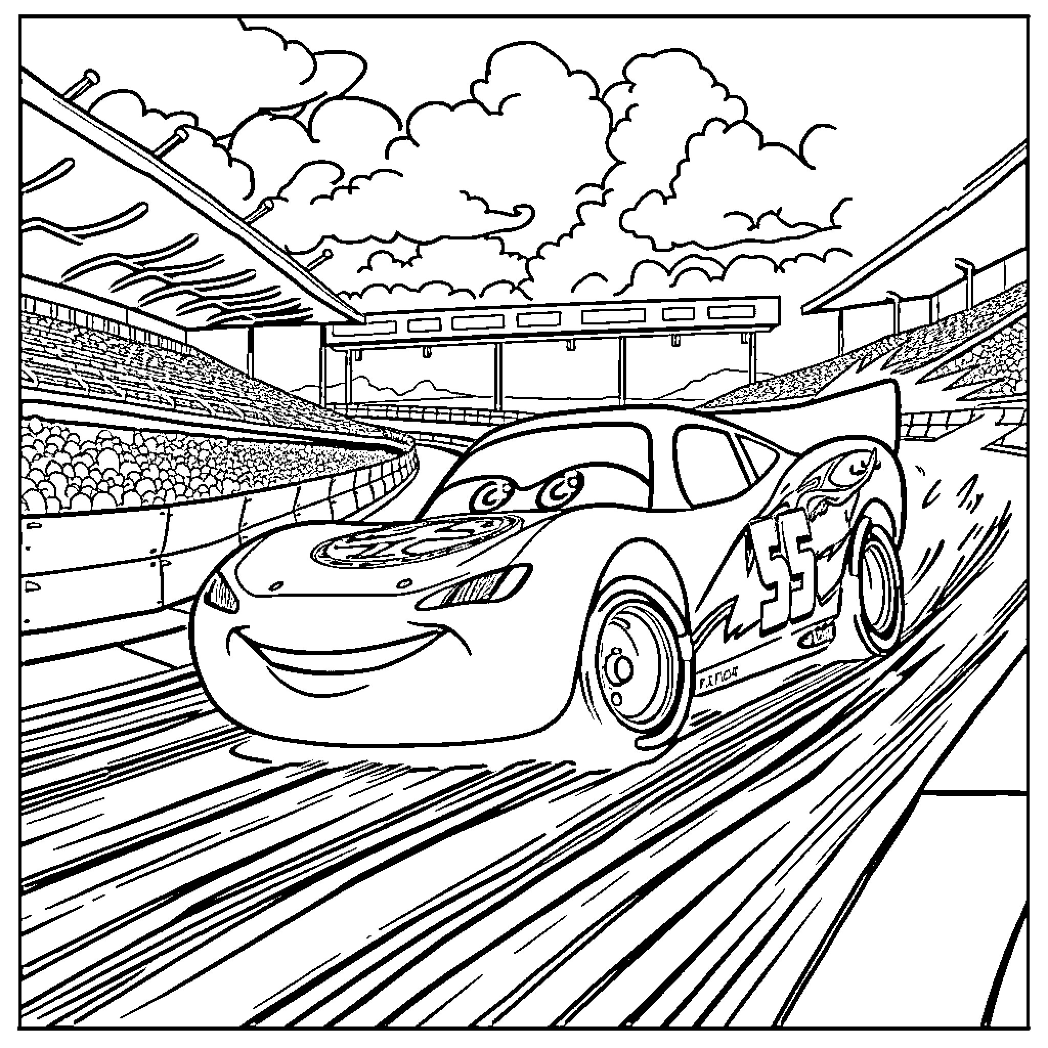 Lightning McQueen racing on the track Coloring Page (free black-and-white line drawing printable PDF for all, from beginners to advanced learners, including children, teens, adults, and seniors)
