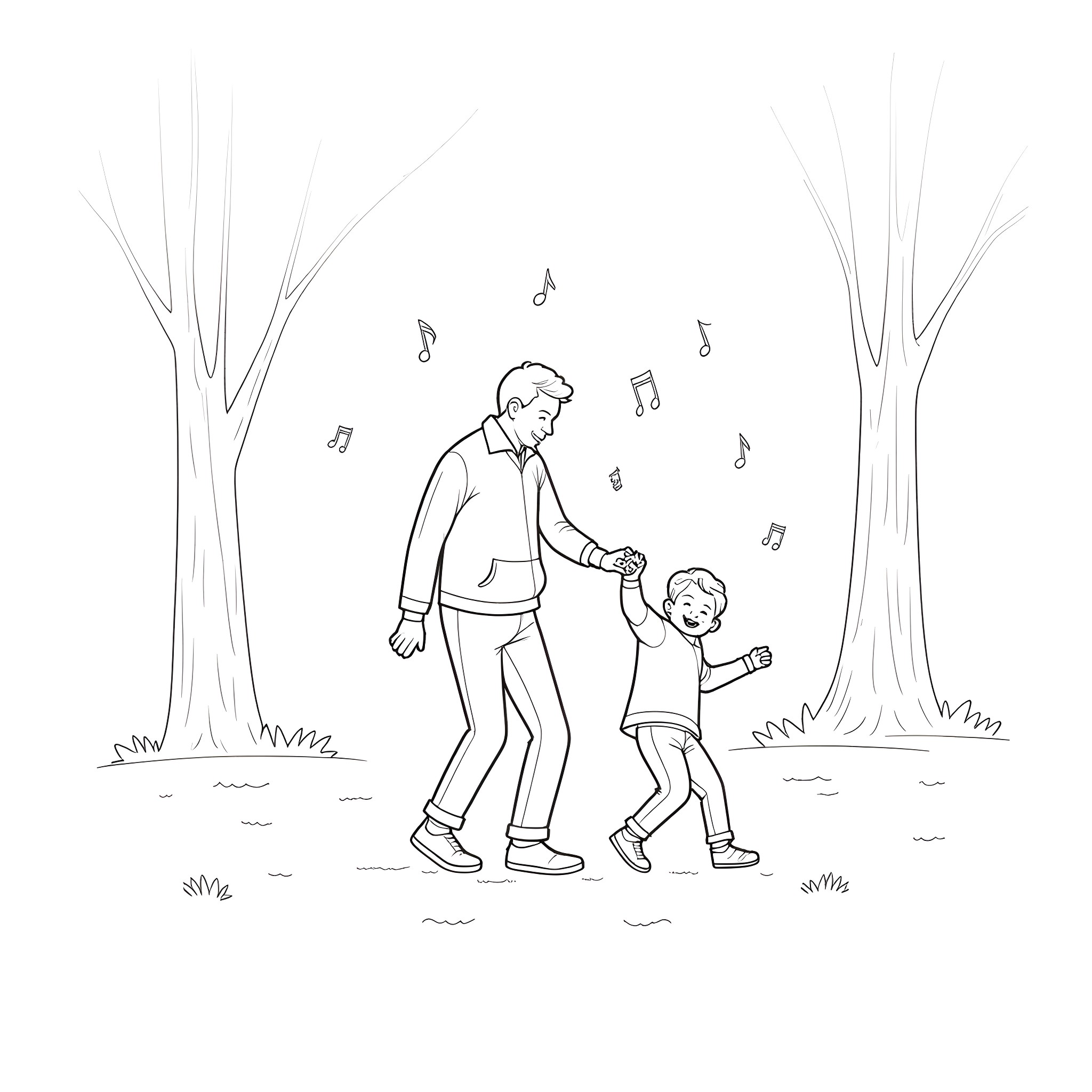 Child dancing with adult in forest setting Coloring Page (free black-and-white line drawing printable PDF for all, from beginners to advanced learners, including children, teens, adults, and seniors)