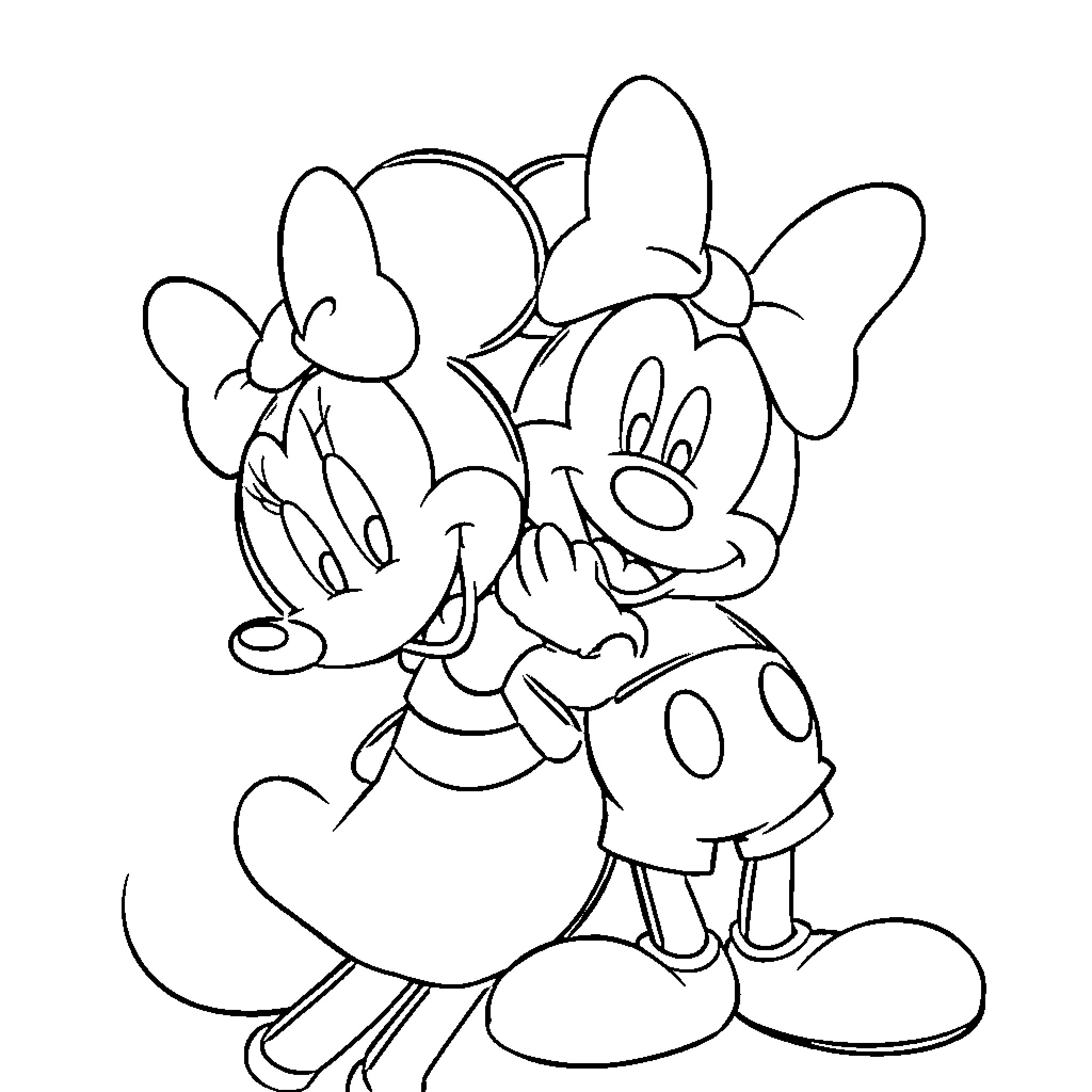 Minnie Mouse and Mickey Mouse in an embrace Coloring Page (free black-and-white line drawing printable PDF for all, from beginners to advanced learners, including children, teens, adults, and seniors)