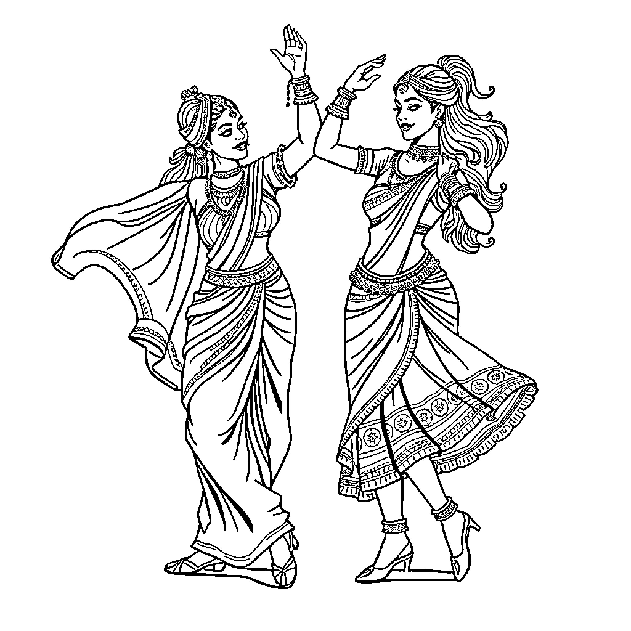 Dancers in traditional Indian attire performing Coloring Page (free black-and-white line drawing printable PDF for all, from beginners to advanced learners, including children, teens, adults, and seniors)