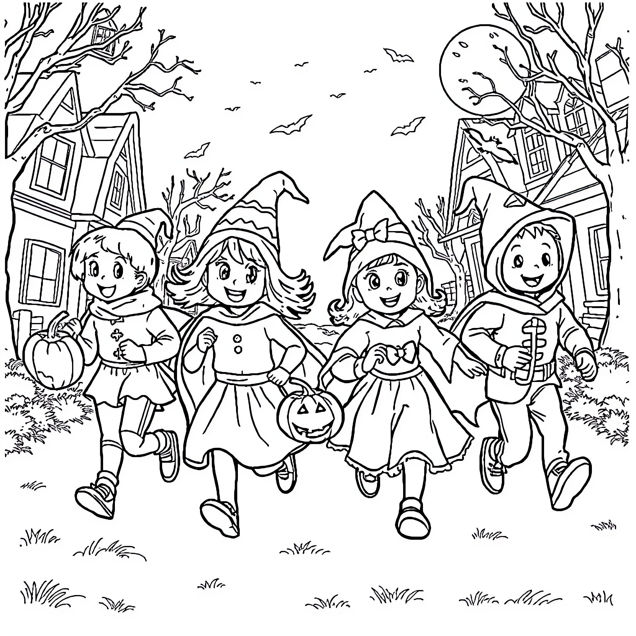 Kid Trick-or-Treating on Halloween in Neighborhood Coloring Page (free black-and-white line drawing printable PDF for all, from beginners to advanced learners, including children, teens, adults, and seniors)