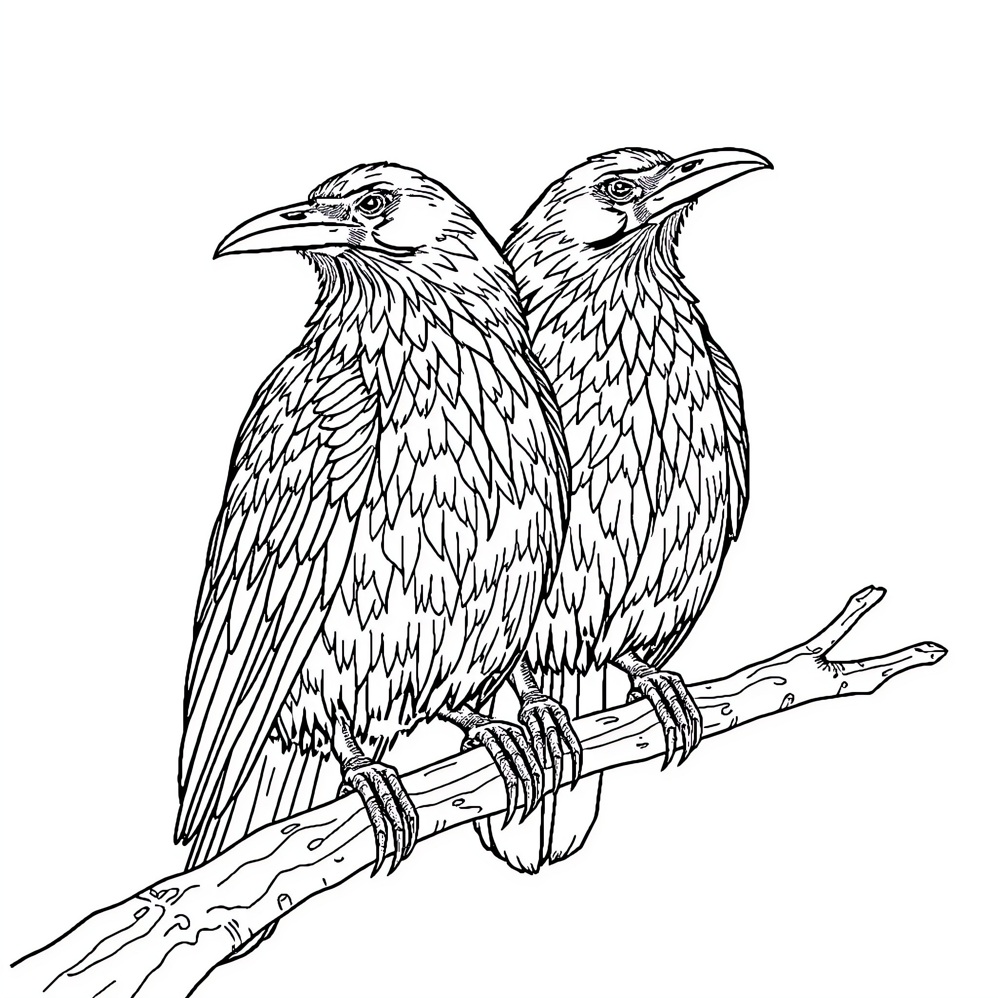 Huginn and Muninn perched on a branch Coloring Page (free black-and-white line drawing printable PDF for all, from beginners to advanced learners, including children, teens, adults, and seniors)