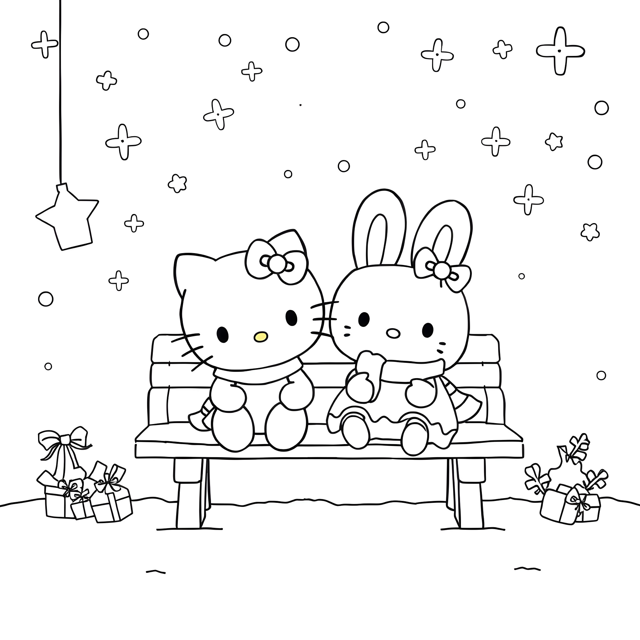 Hello Kitty and Bunny Relaxing on Bench Coloring Page (free black-and-white line drawing printable PDF for all, from beginners to advanced learners, including children, teens, adults, and seniors)