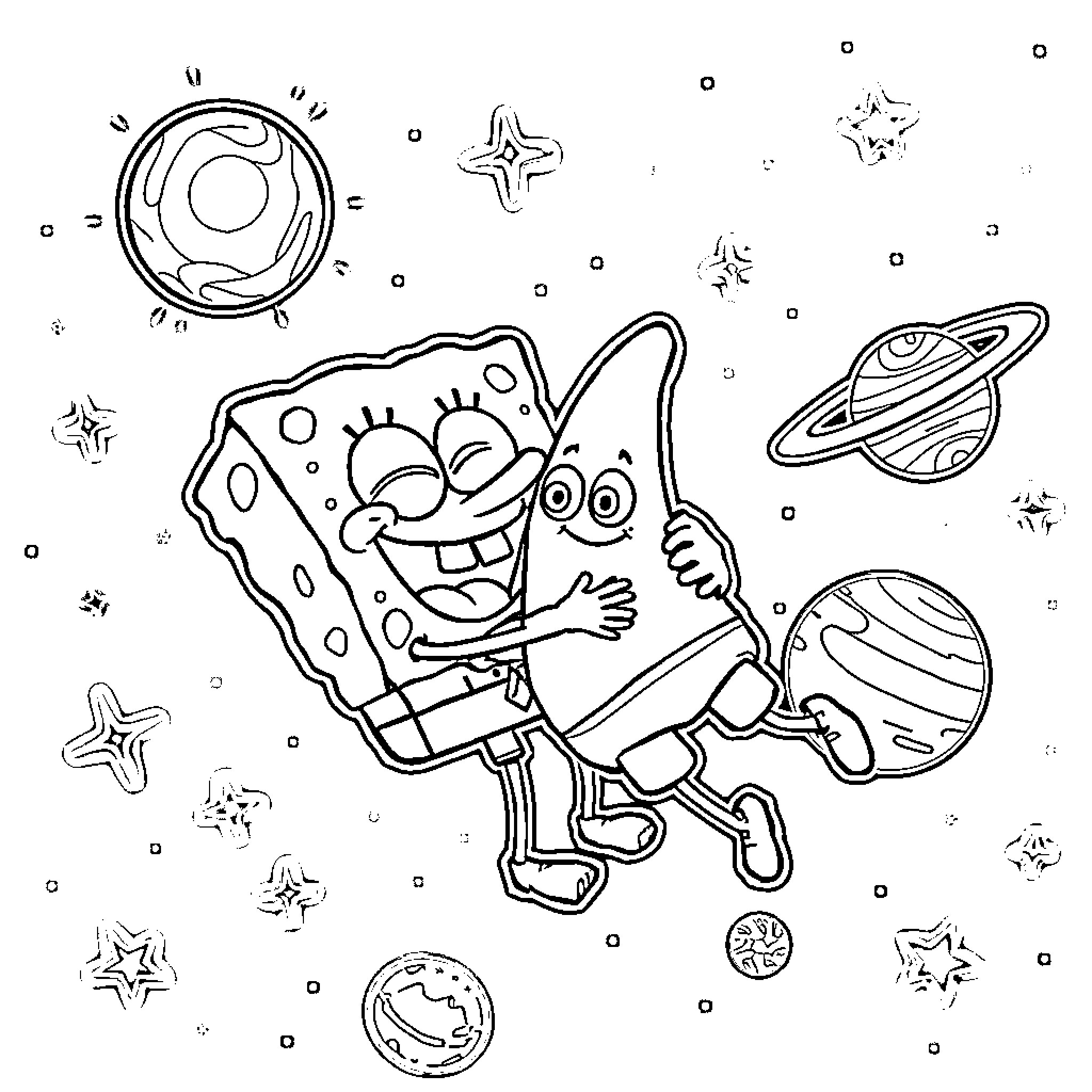 Spongebob's Cosmic Adventure Coloring Page (free black-and-white line drawing printable PDF for all, from beginners to advanced learners, including children, teens, adults, and seniors)