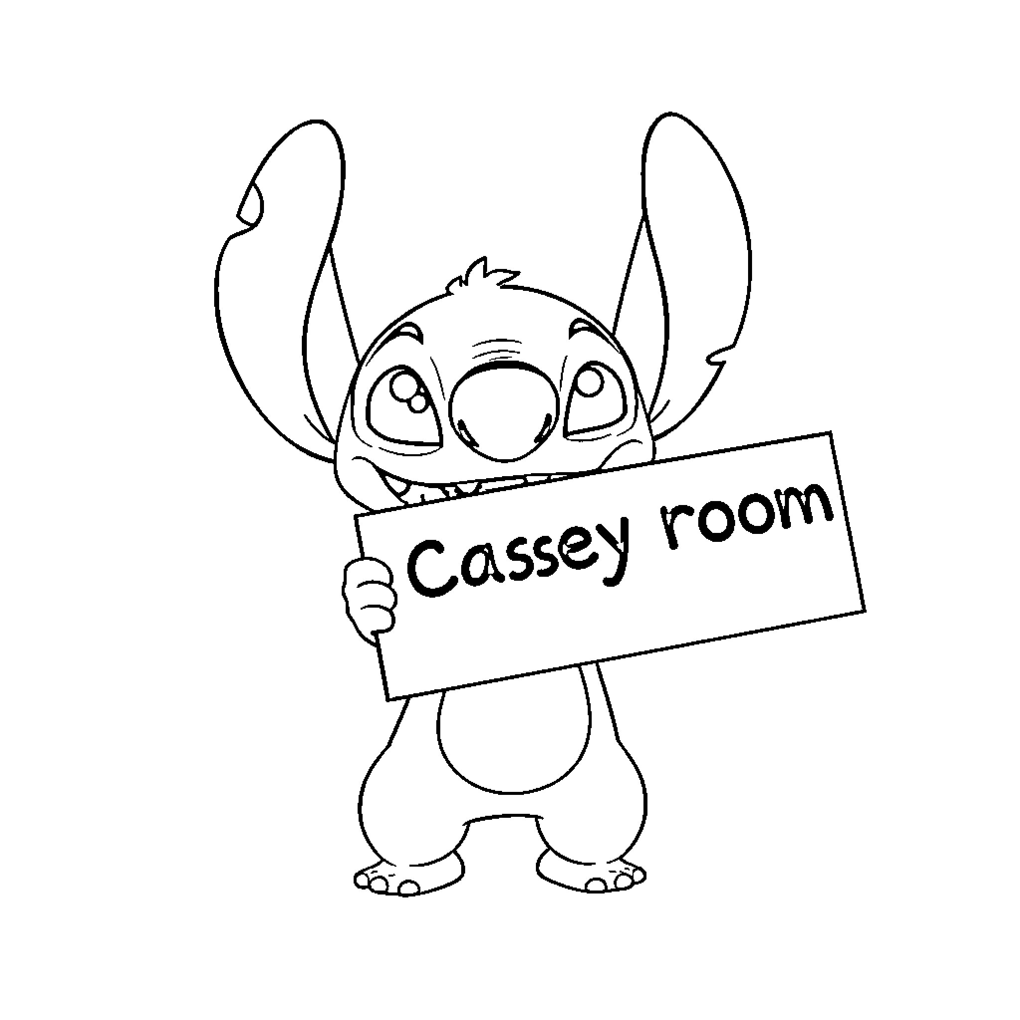 Stitch holding a sign for Cassey room Coloring Page (free black-and-white line drawing printable PDF for all, from beginners to advanced learners, including children, teens, adults, and seniors)