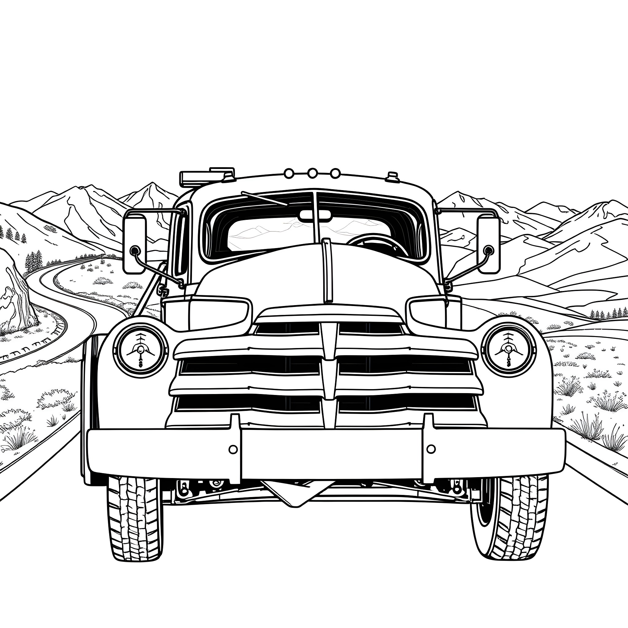 Tow Truck Navigating Through the Mountains Coloring Page (free black-and-white line drawing printable PDF for all, from beginners to advanced learners, including children, teens, adults, and seniors)
