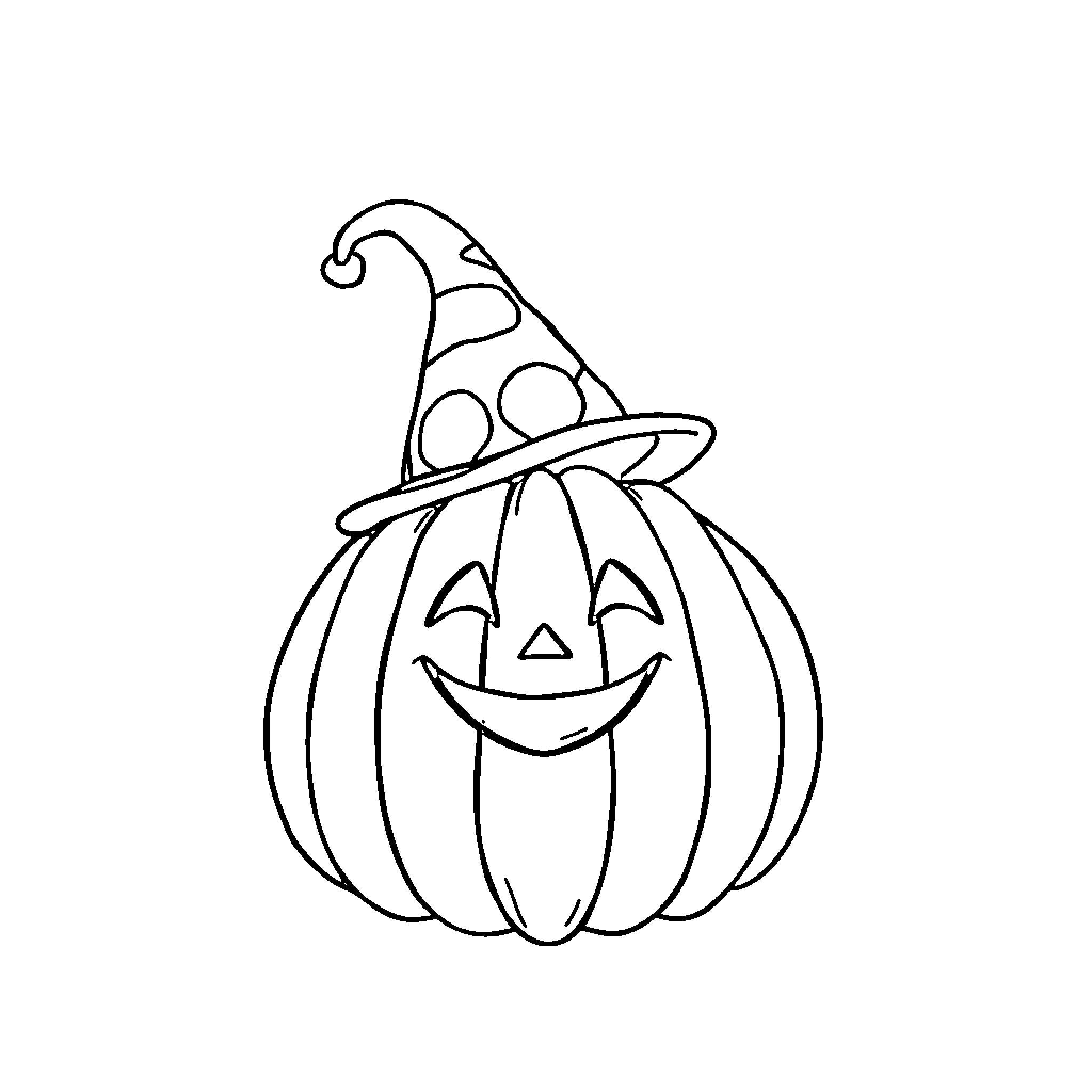 Pumpkin wearing a Whimsical Hat Coloring Page (free black-and-white line drawing printable PDF for all, from beginners to advanced learners, including children, teens, adults, and seniors)