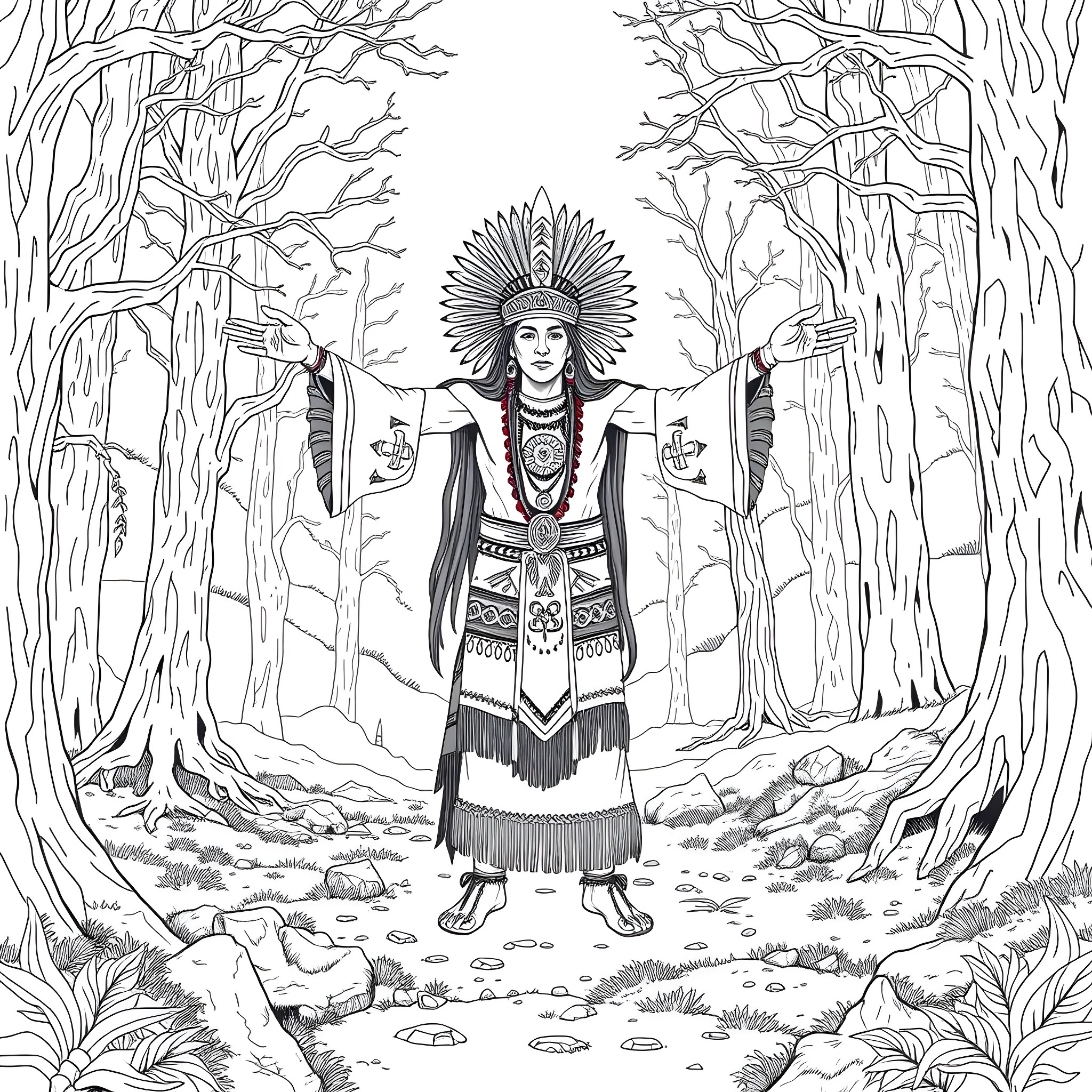 Shaman performing ritual in enchanted forest Coloring Page (free black-and-white line drawing printable PDF for all, from beginners to advanced learners, including children, teens, adults, and seniors)