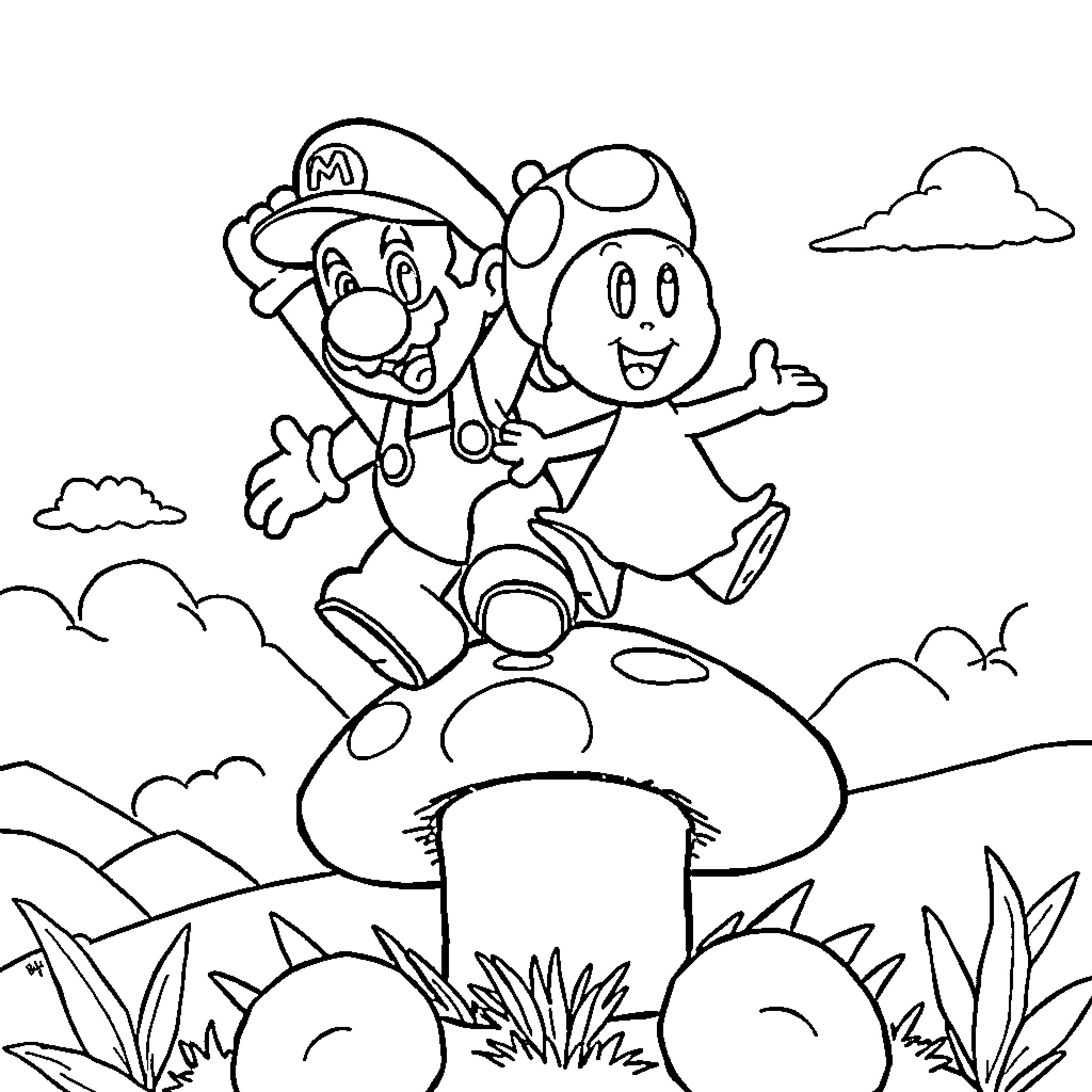 Mario and Toad exploring the mushroom kingdom Coloring Page (free black-and-white line drawing printable PDF for all, from beginners to advanced learners, including children, teens, adults, and seniors)