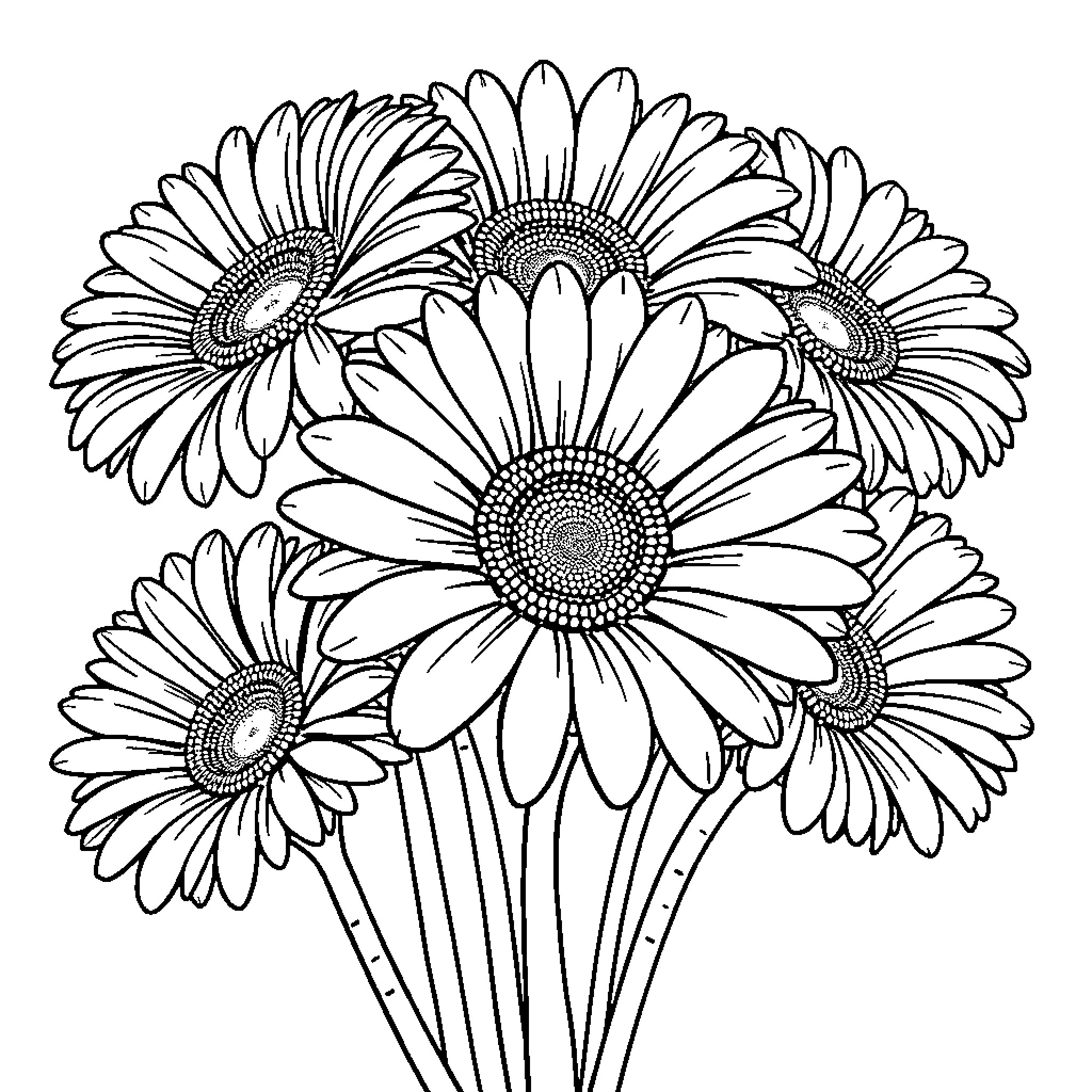 Gerbera Daisy Bouquet in Black and White Coloring Page (free black-and-white line drawing printable PDF for all, from beginners to advanced learners, including children, teens, adults, and seniors)