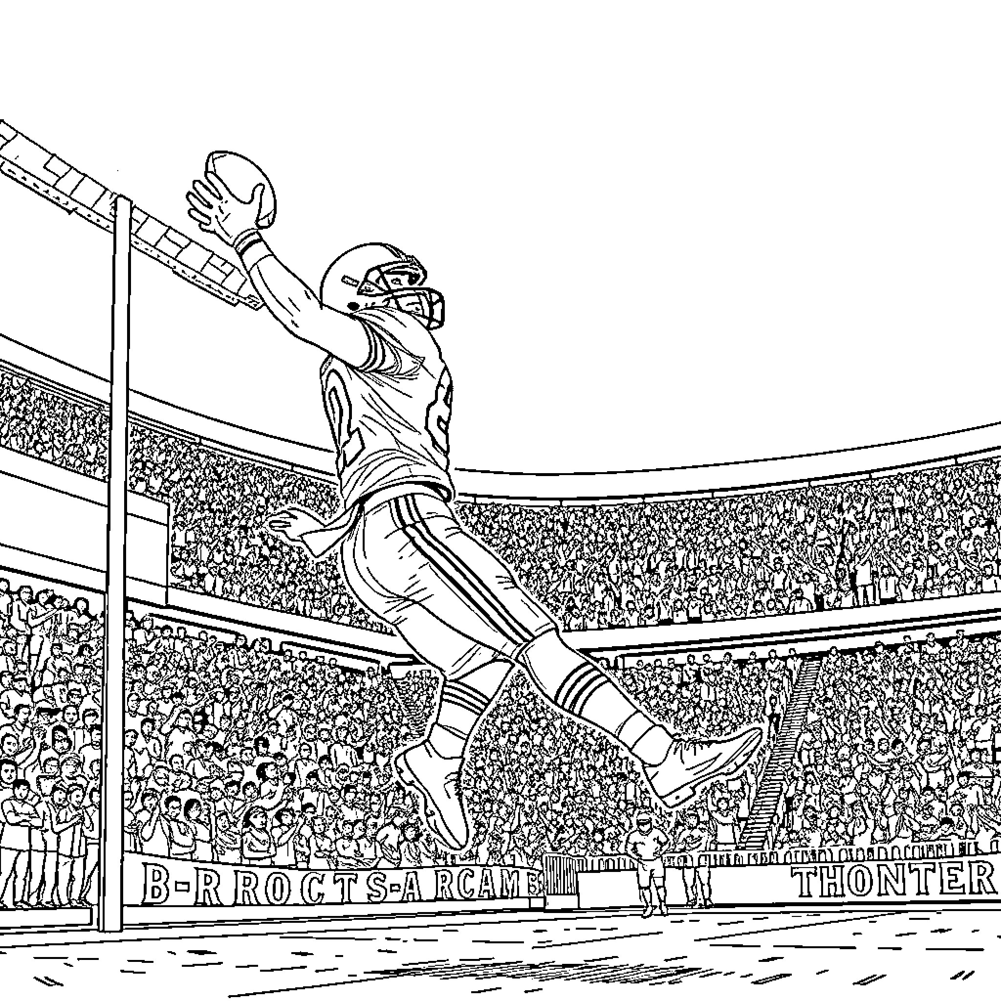 Football Player Leaping for a Catch in a Stadium Coloring Page (free black-and-white line drawing printable PDF for all, from beginners to advanced learners, including children, teens, adults, and seniors)