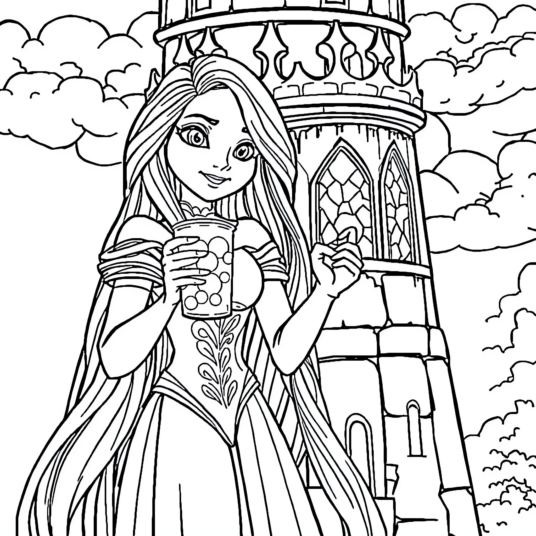 Rapunzel gazing out from her castle tower Coloring Page (free black-and-white line drawing printable PDF for all, from beginners to advanced learners, including children, teens, adults, and seniors)