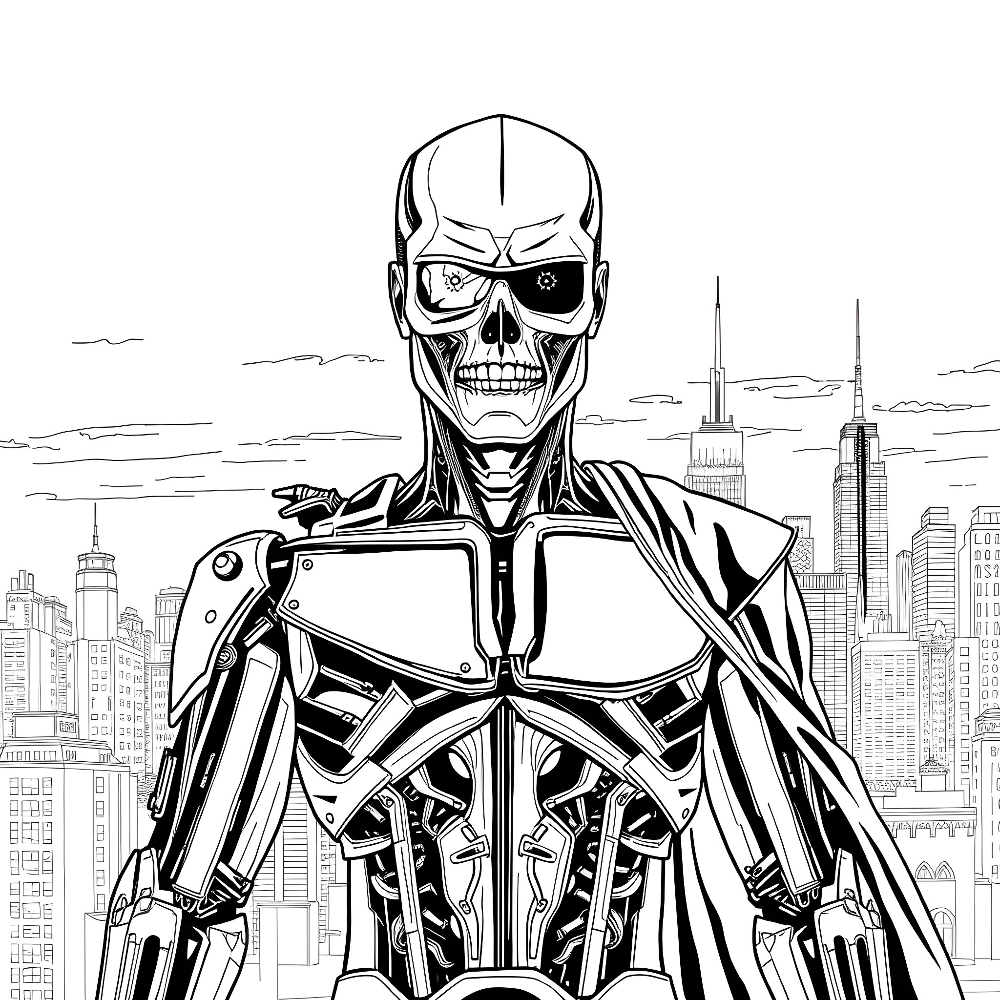 Dare The Terminator Battles Futuristic Cityscape Coloring Page (free black-and-white line drawing printable PDF for all, from beginners to advanced learners, including children, teens, adults, and seniors)