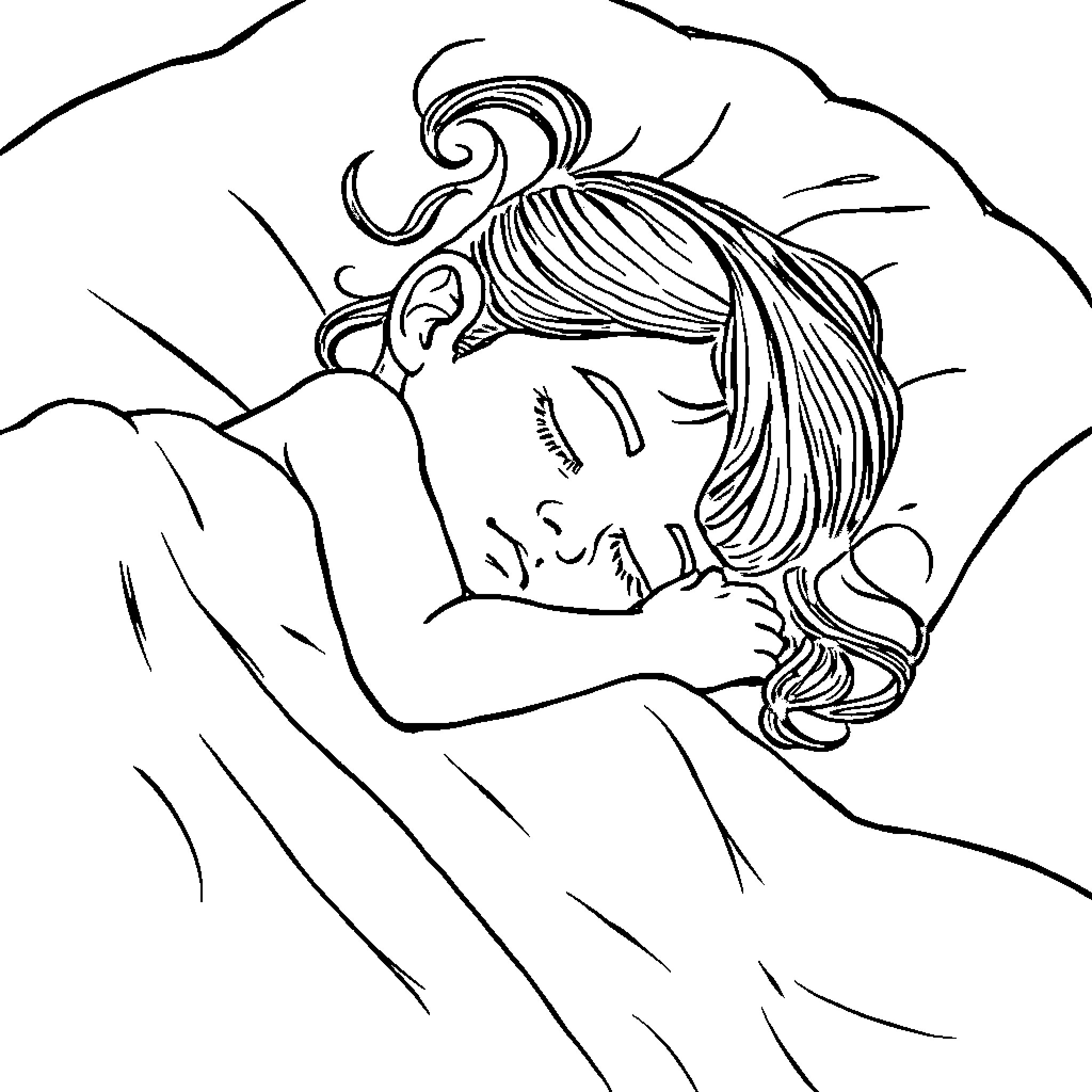 Girl sleeping peacefully in bed Coloring Page (free black-and-white line drawing printable PDF for all, from beginners to advanced learners, including children, teens, adults, and seniors)