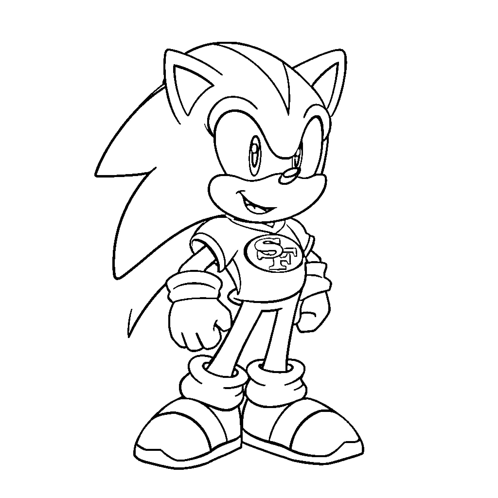 Sonic the Hedgehog standing with confidence Coloring Page (free black-and-white line drawing printable PDF for all, from beginners to advanced learners, including children, teens, adults, and seniors)