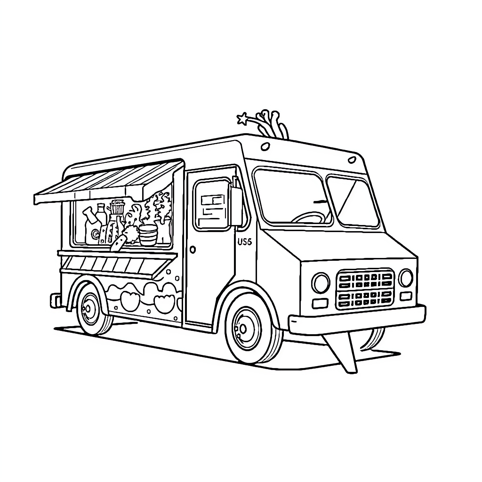 Food Truck Serving Customers with Excitement Coloring Page (free black-and-white line drawing printable PDF for all, from beginners to advanced learners, including children, teens, adults, and seniors)
