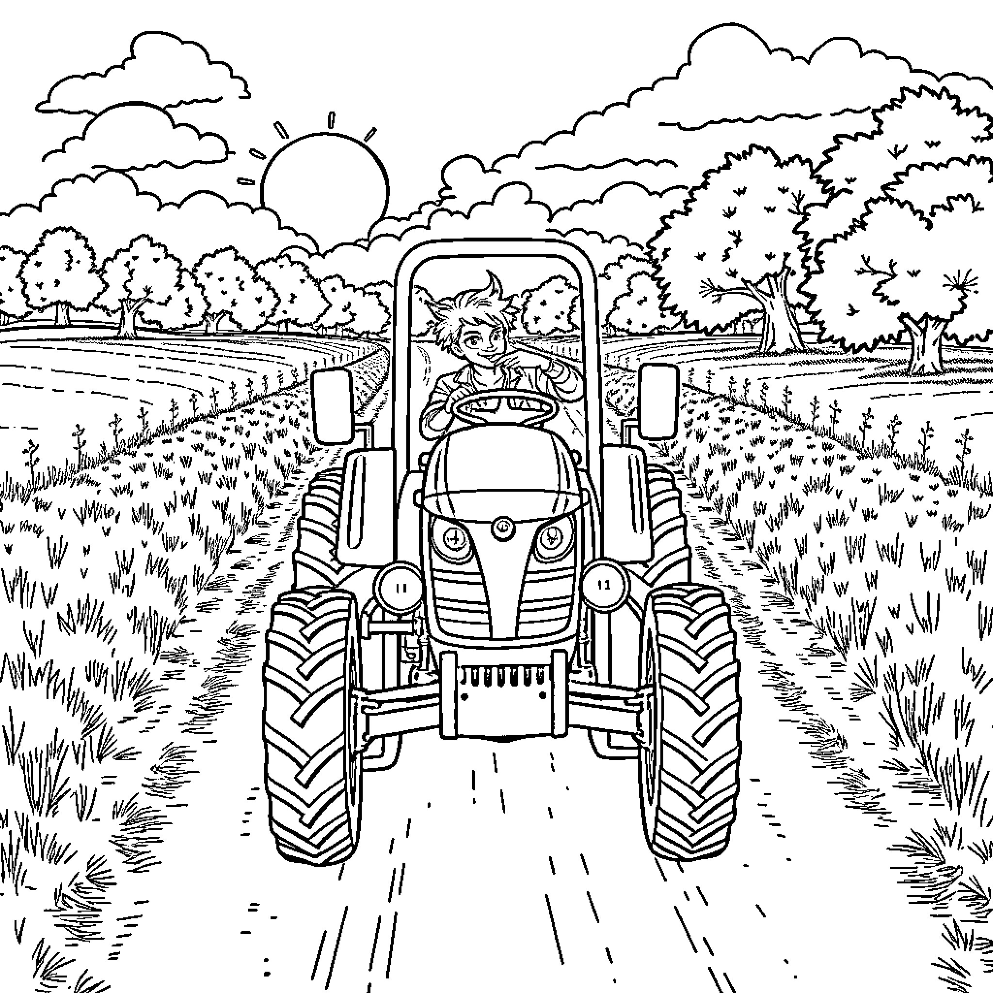 Kpop Star Driving a Tractor Through Rural Countryside Coloring Page (free black-and-white line drawing printable PDF for all, from beginners to advanced learners, including children, teens, adults, and seniors)