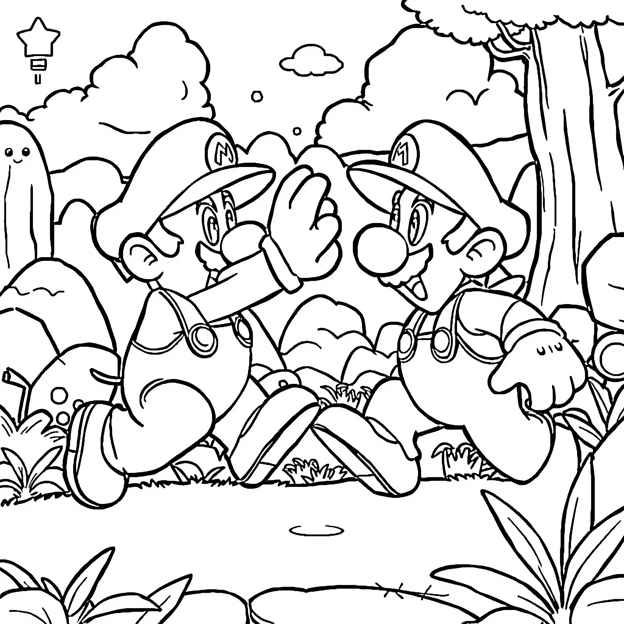 Mario and Luigi explore the lush forest Coloring Page (free black-and-white line drawing printable PDF for all, from beginners to advanced learners, including children, teens, adults, and seniors)