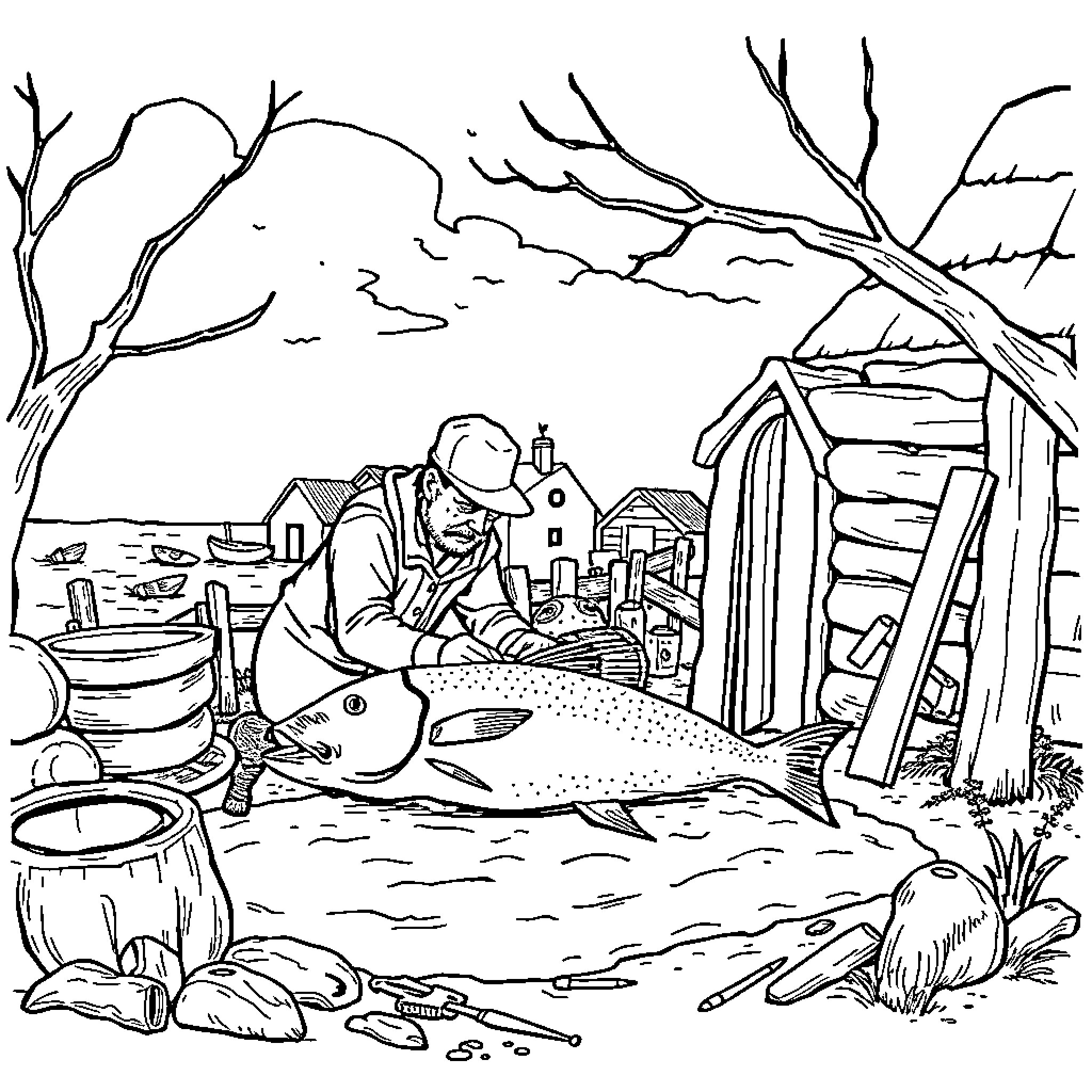 Cod fisherman capturing his daily catch Coloring Page (free black-and-white line drawing printable PDF for all, from beginners to advanced learners, including children, teens, adults, and seniors)