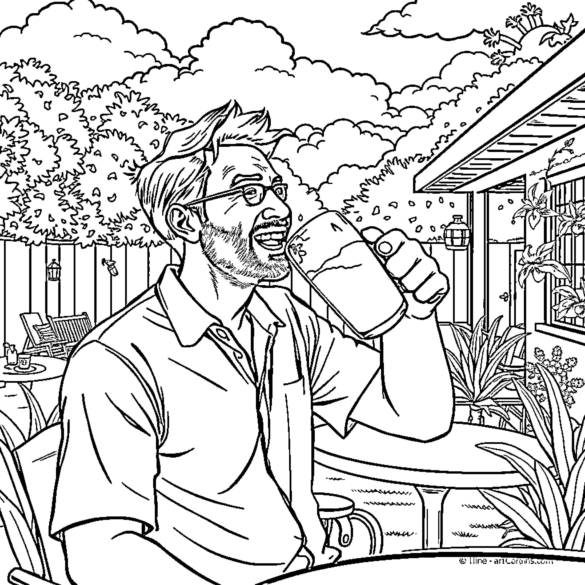 Man smiling and enjoying a drink outdoors Coloring Page (free black-and-white line drawing printable PDF for all, from beginners to advanced learners, including children, teens, adults, and seniors)