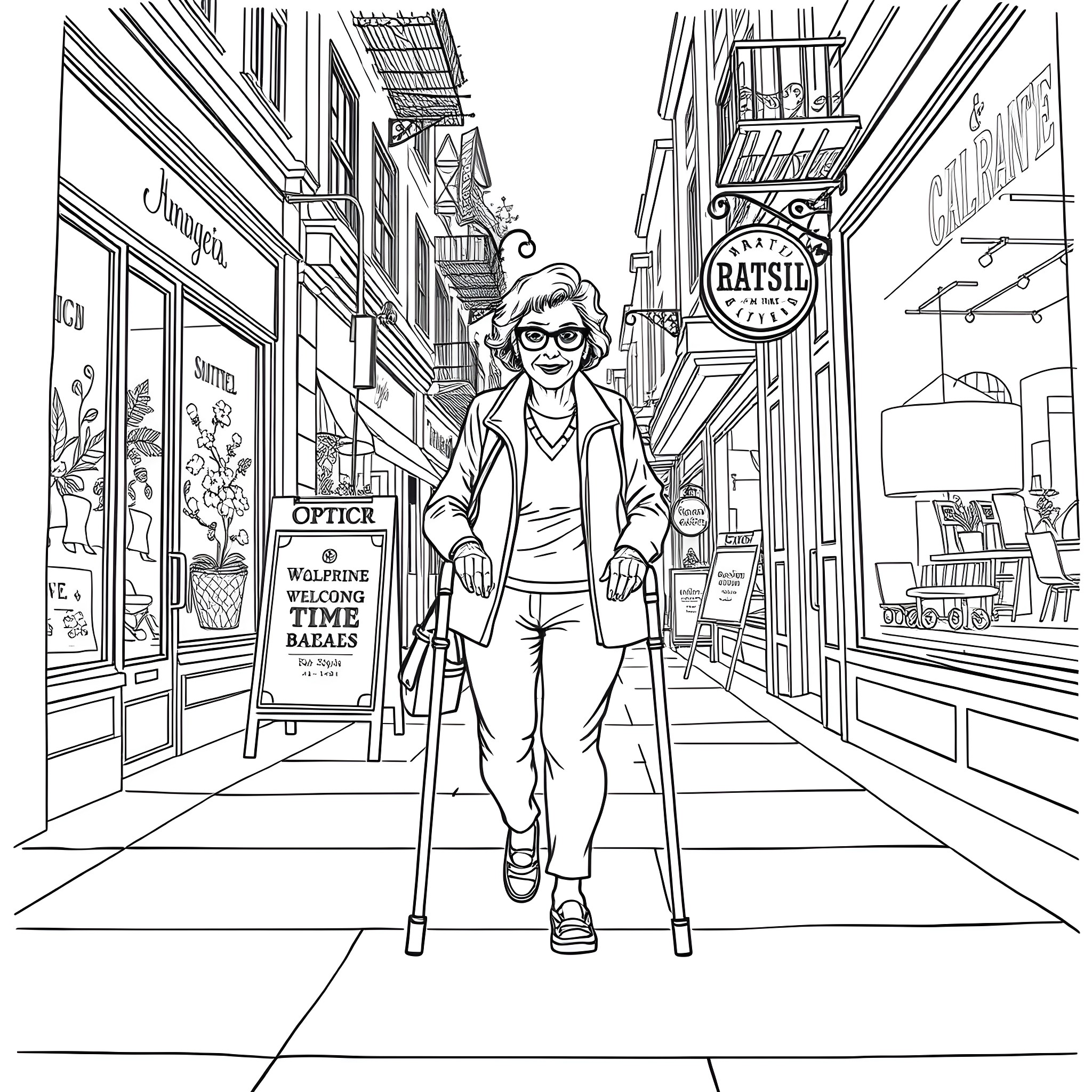 Woman walking confidently down a city street Coloring Page (free black-and-white line drawing printable PDF for all, from beginners to advanced learners, including children, teens, adults, and seniors)